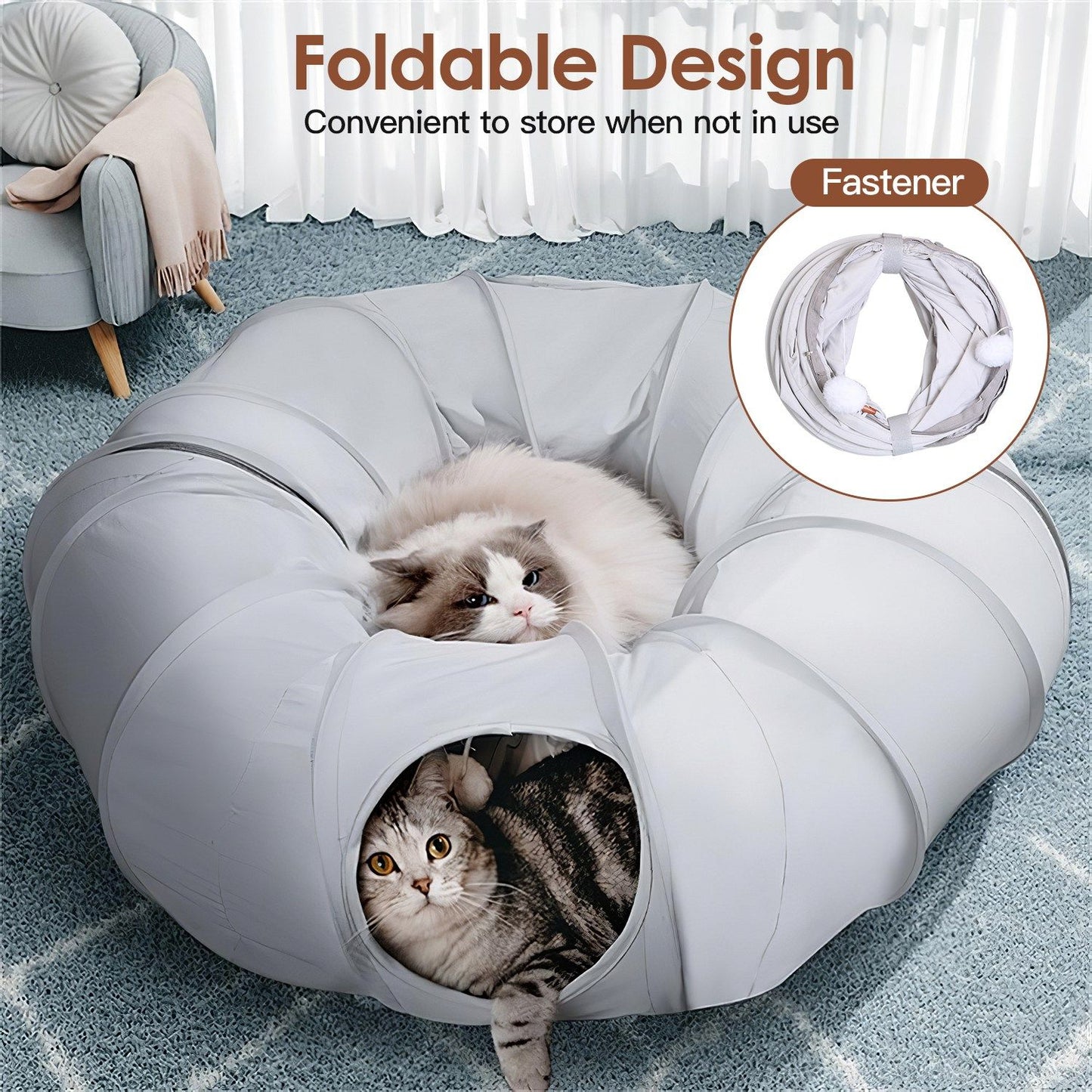 foldable circular cat tunnel bed with fastener inset, cat on top and another inside entrance