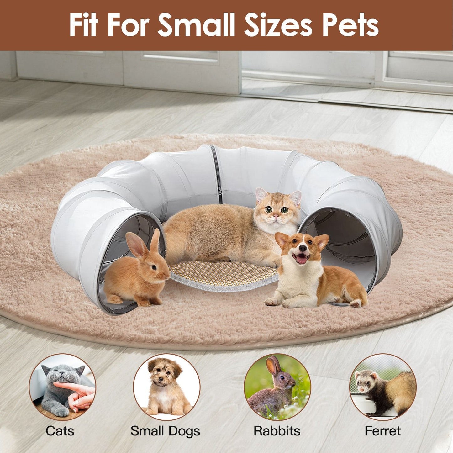 cat tunnel bed on round rug in C-shape with cat and small animals to show suitability for small pets