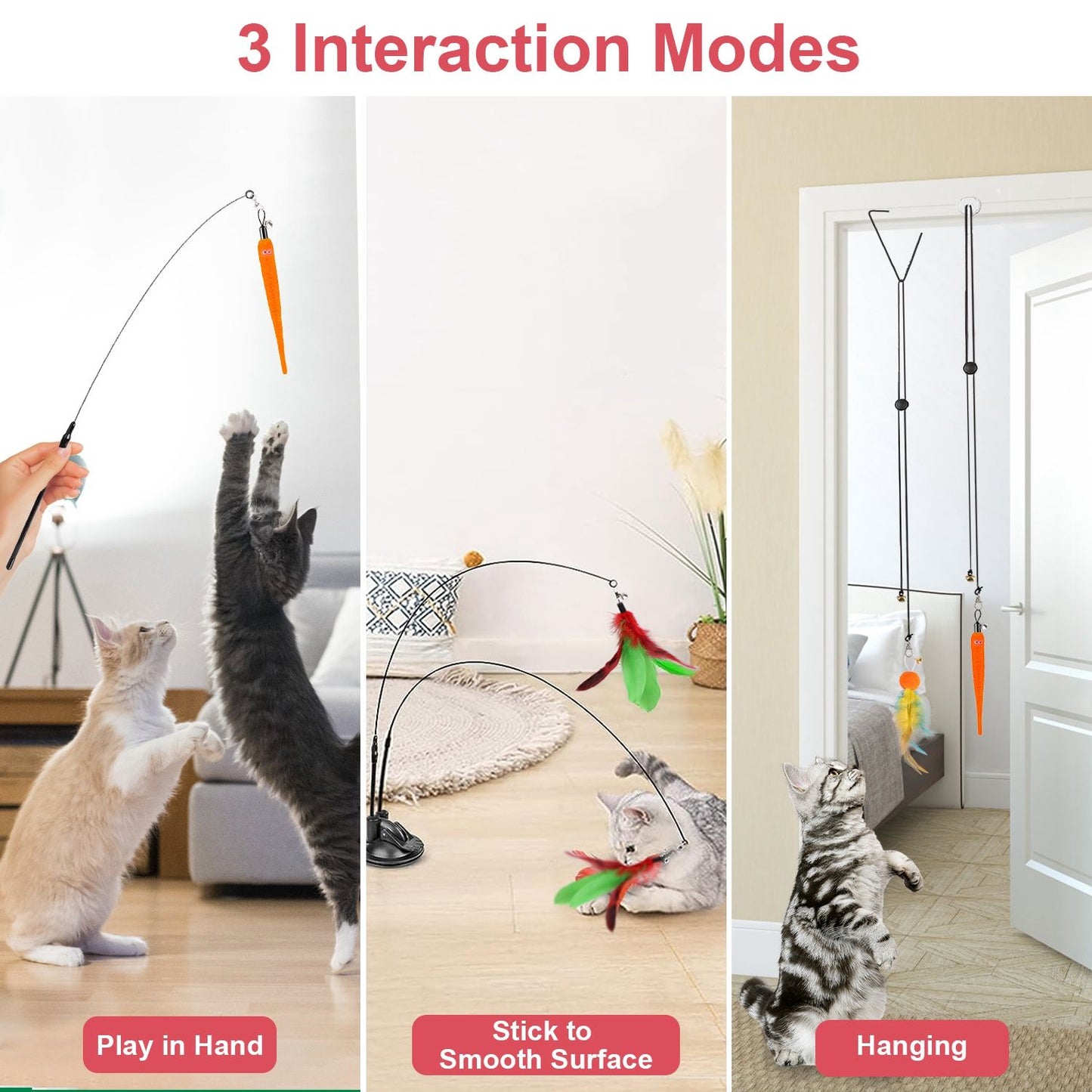 Three panels showing handheld play, suction-mounted hands-free play, and door-hanging mode with cats