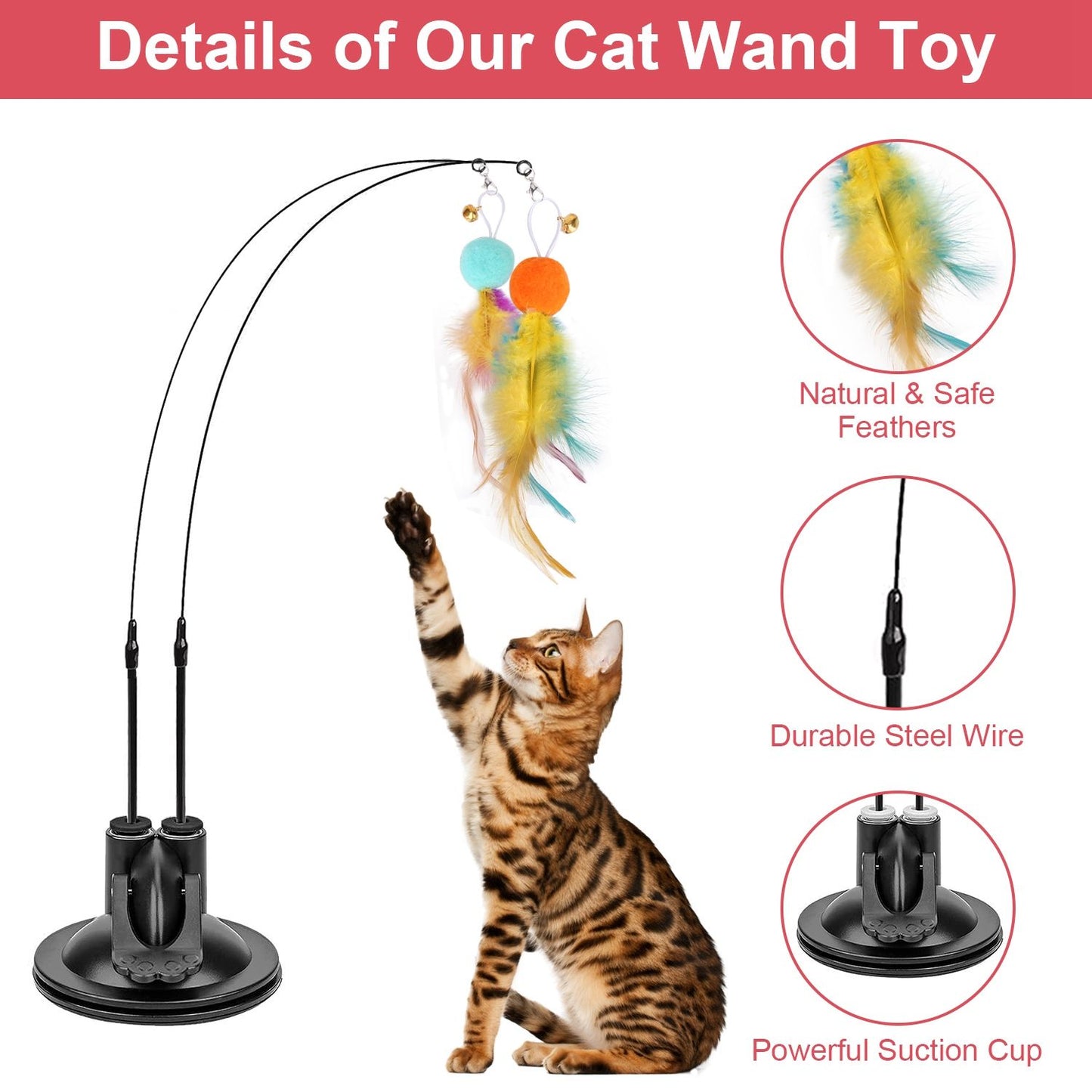 Dual wand toy mounted on suction cup with feather attachments and cat reaching up