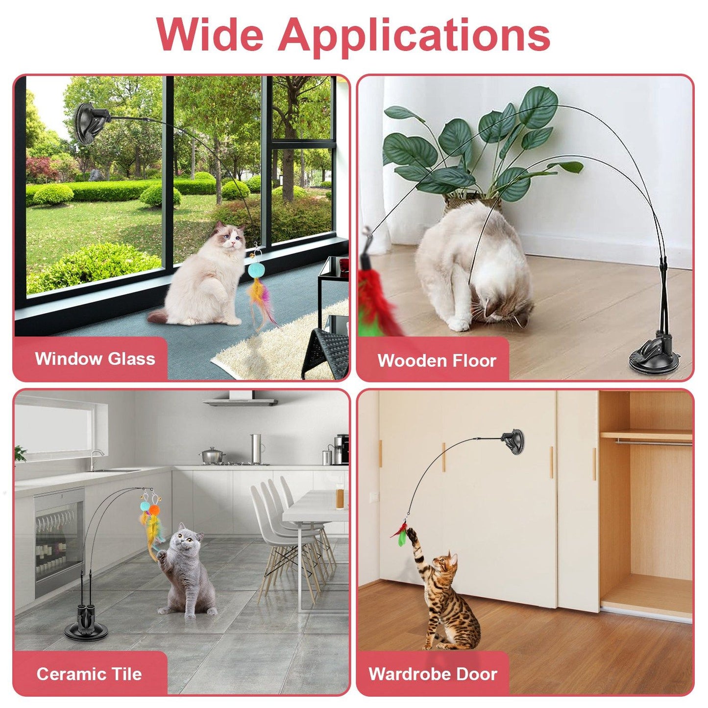Four-panel collage showing suction-mounted toy on glass, wood floor, tile and clipped to a wardrobe door