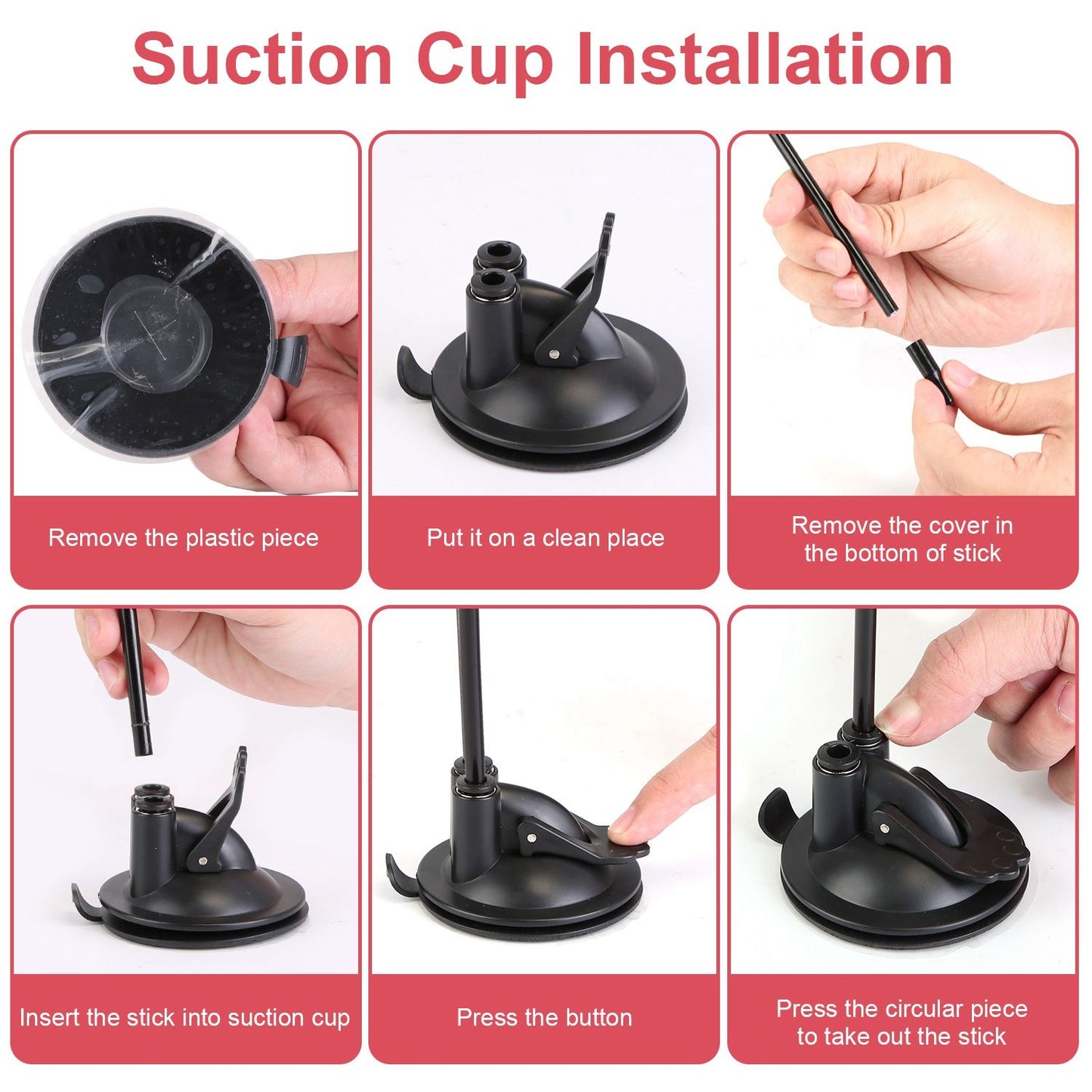 Suction cup close-ups showing film removal, base placement, wand insertion and lever press to lock