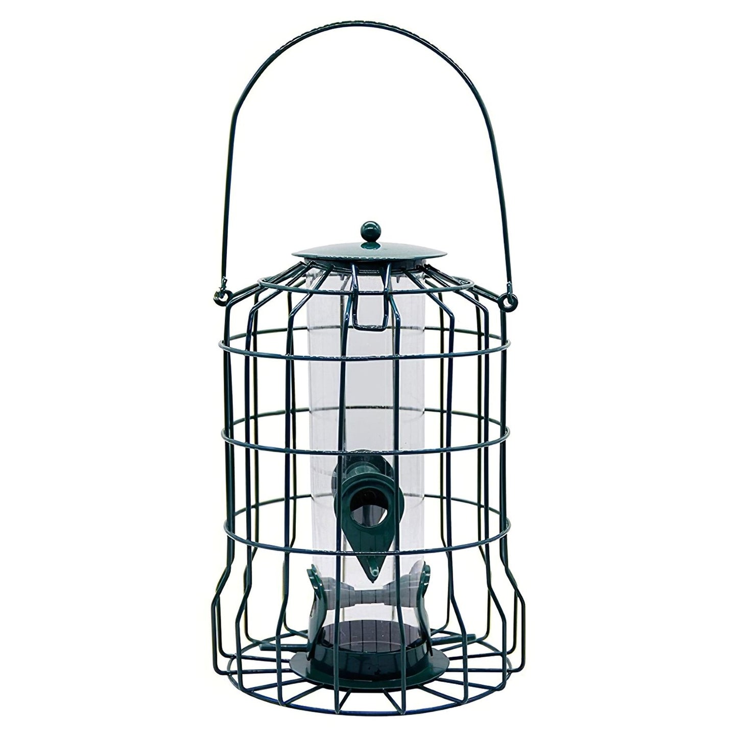 Studio shot of green metal cage bird feeder with clear seed tube, four ports, top lid and handle