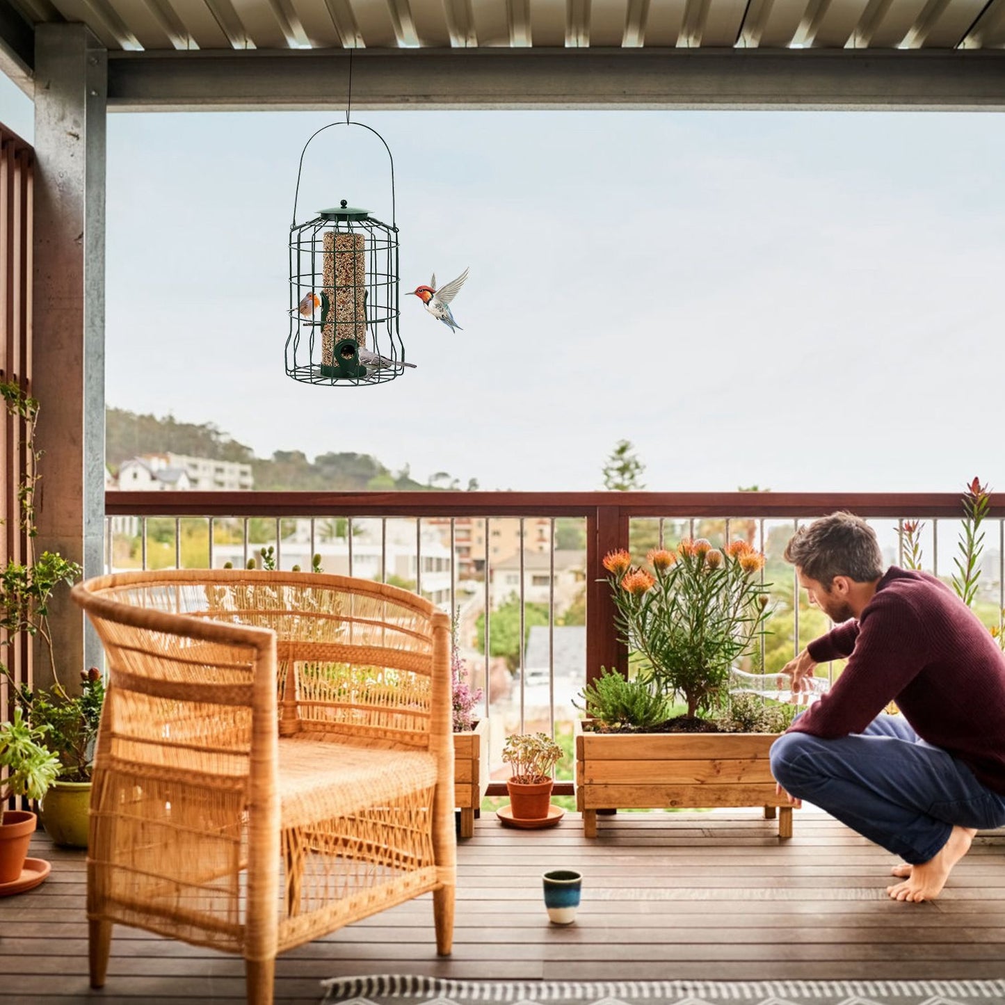 Hanging bird feeder on a balcony showing cage, perches and feeding ports above planters