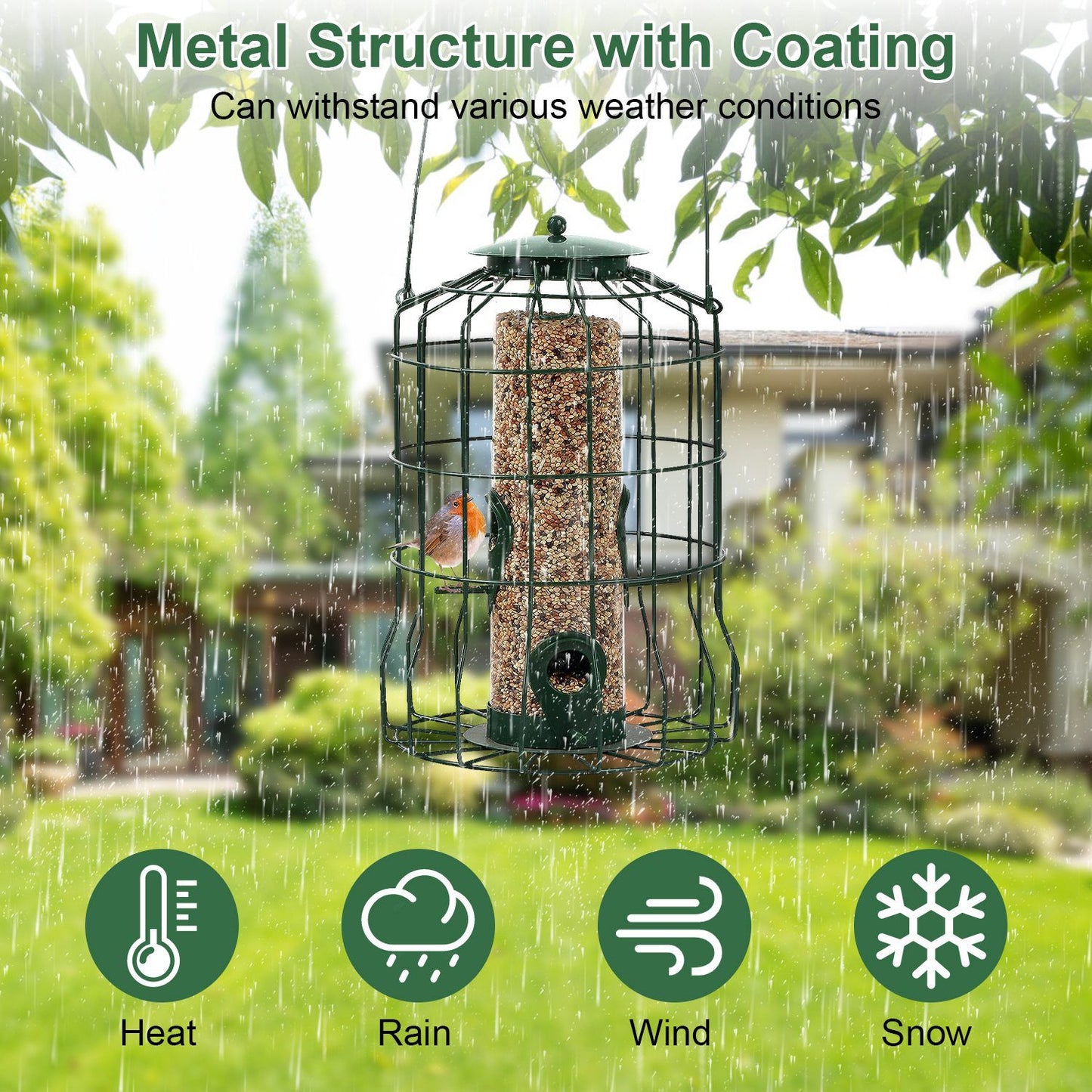 Weather-resistant metal cage bird feeder hanging outdoors in rain with four feeding ports