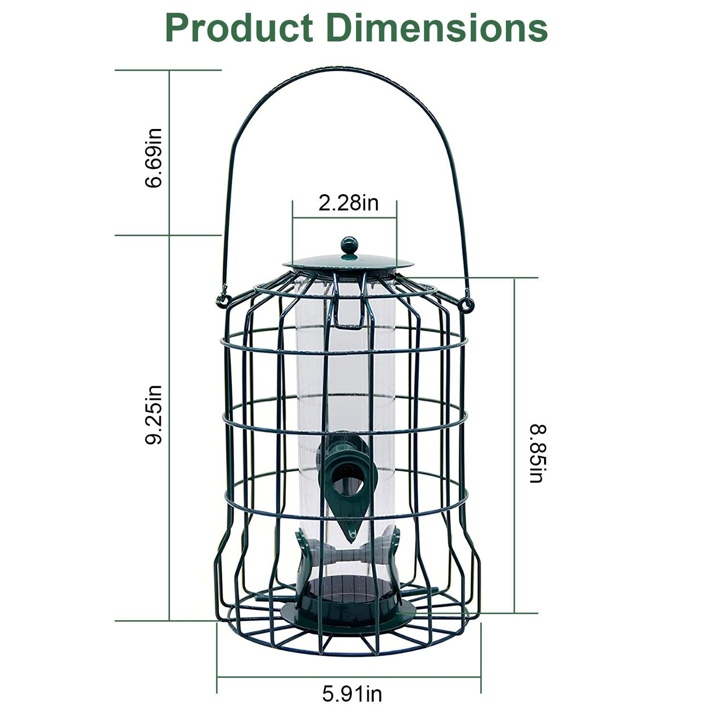 Dimension diagram of hanging bird feeder with measurements for handle height body and base diameter