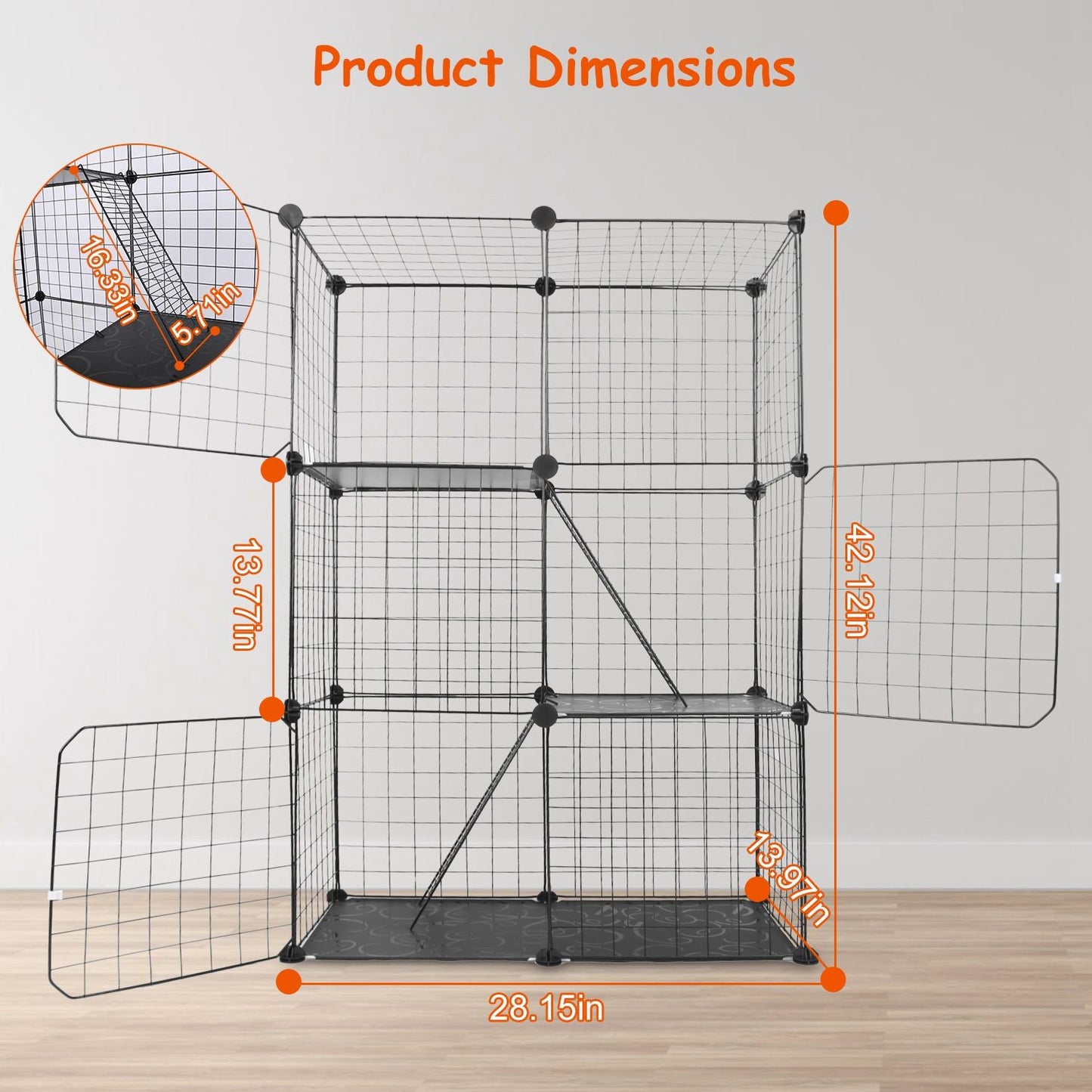 Dimension diagram of assembled 3-tier cage with height, width and tier spacing callouts