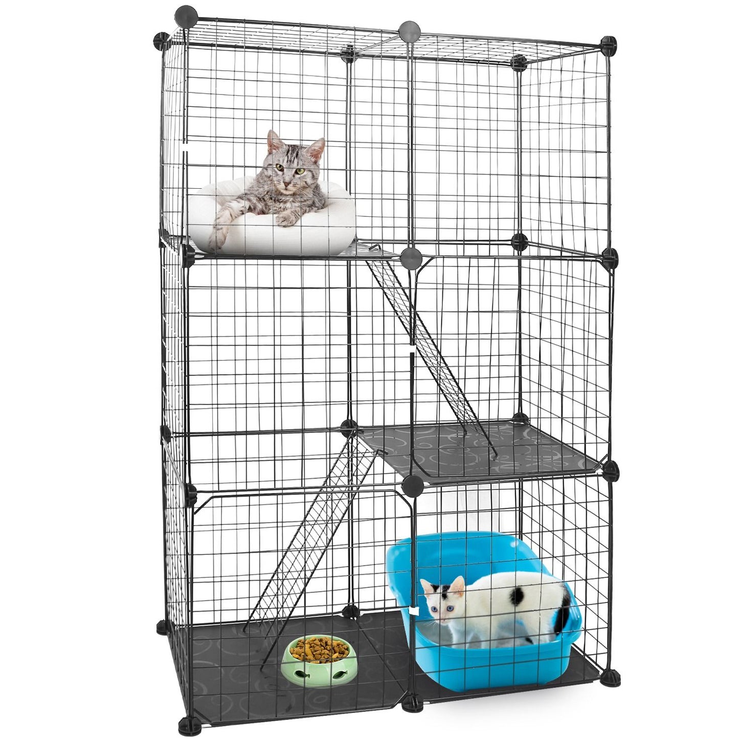 Studio image of assembled cage with cat on platform and litter box on bottom tier showing interior layout ideas