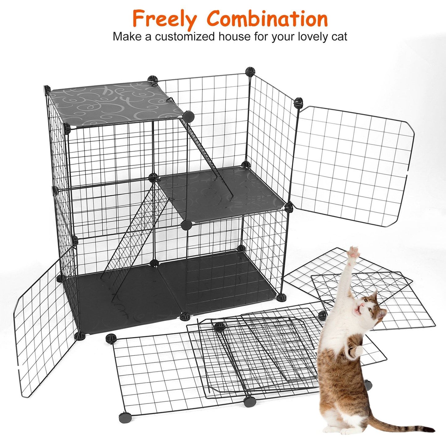 Modular layout of panels, gates, ladders and floor covers showing customizable assembly options