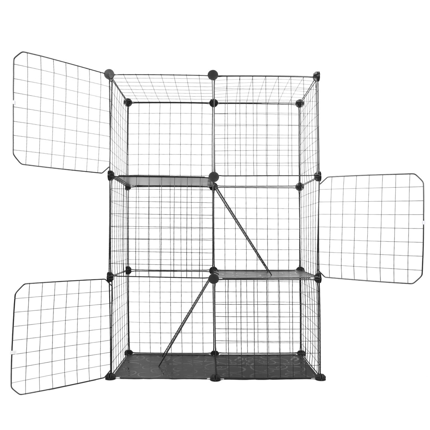 Front view of assembled cage with three doors opened outward showing gates, ladders and plastic floor panels
