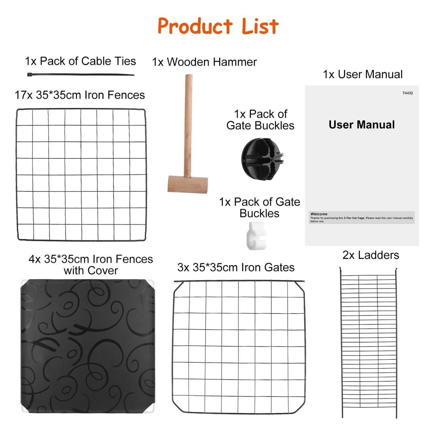 Package contents showing iron grids, three gates, ladder pieces, covers, buckles, cable ties, hammer and manual