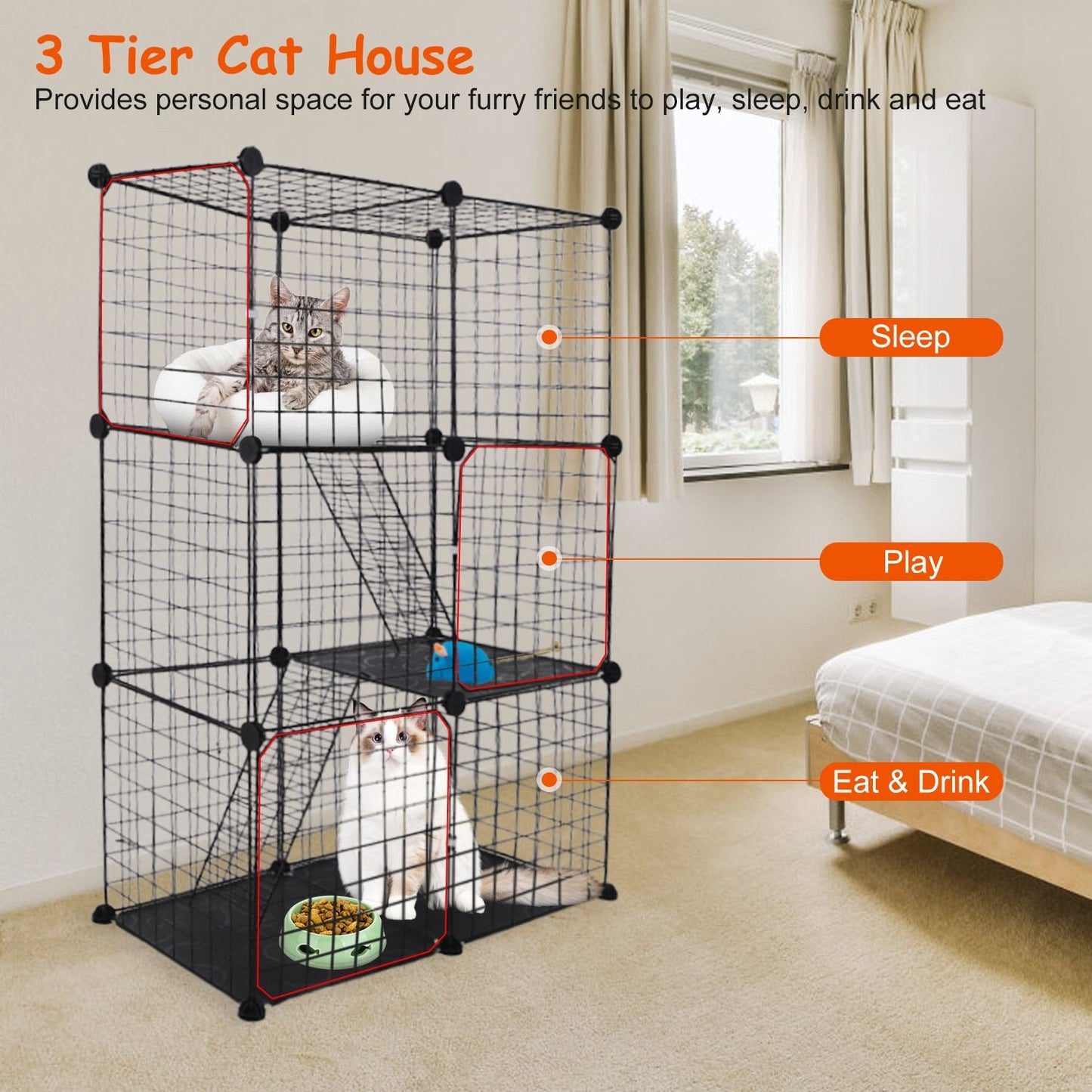 Three-tier cat house in bedroom showing top bed, middle play area, bottom food area with labeled uses