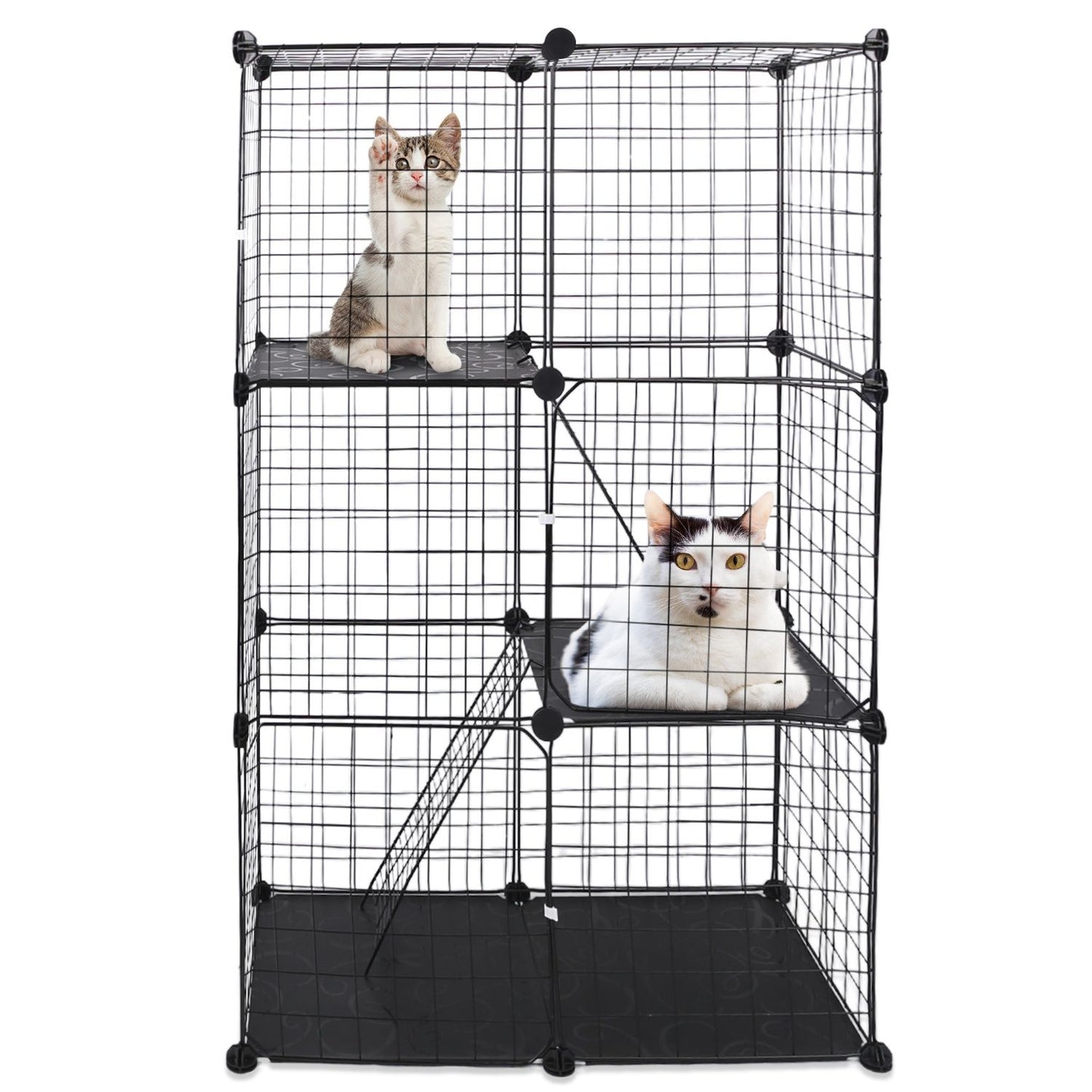White-background shot of 3-tier cage with cats resting on middle and top platforms showing perches and connectors