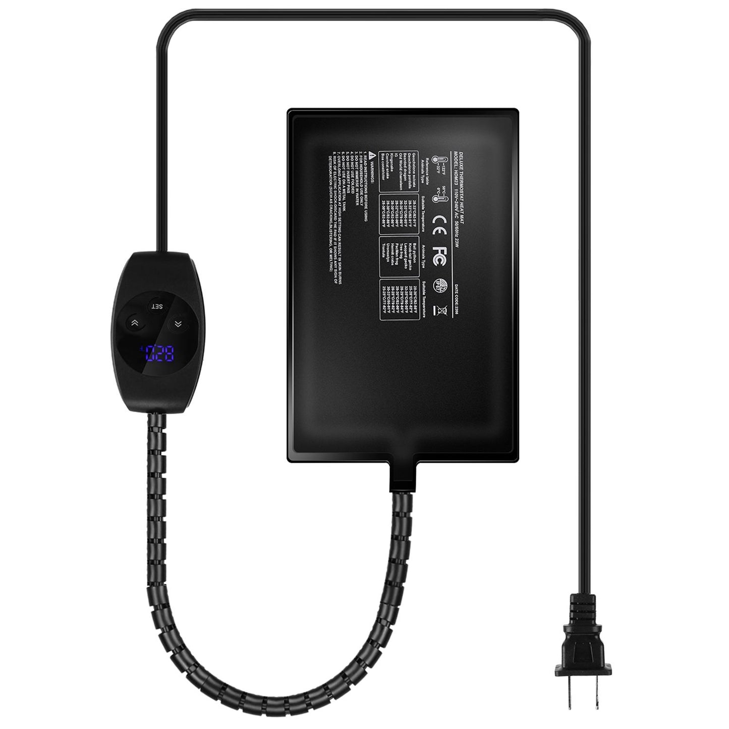 Heating pad with controller and coiled US power cord laid out to show included components