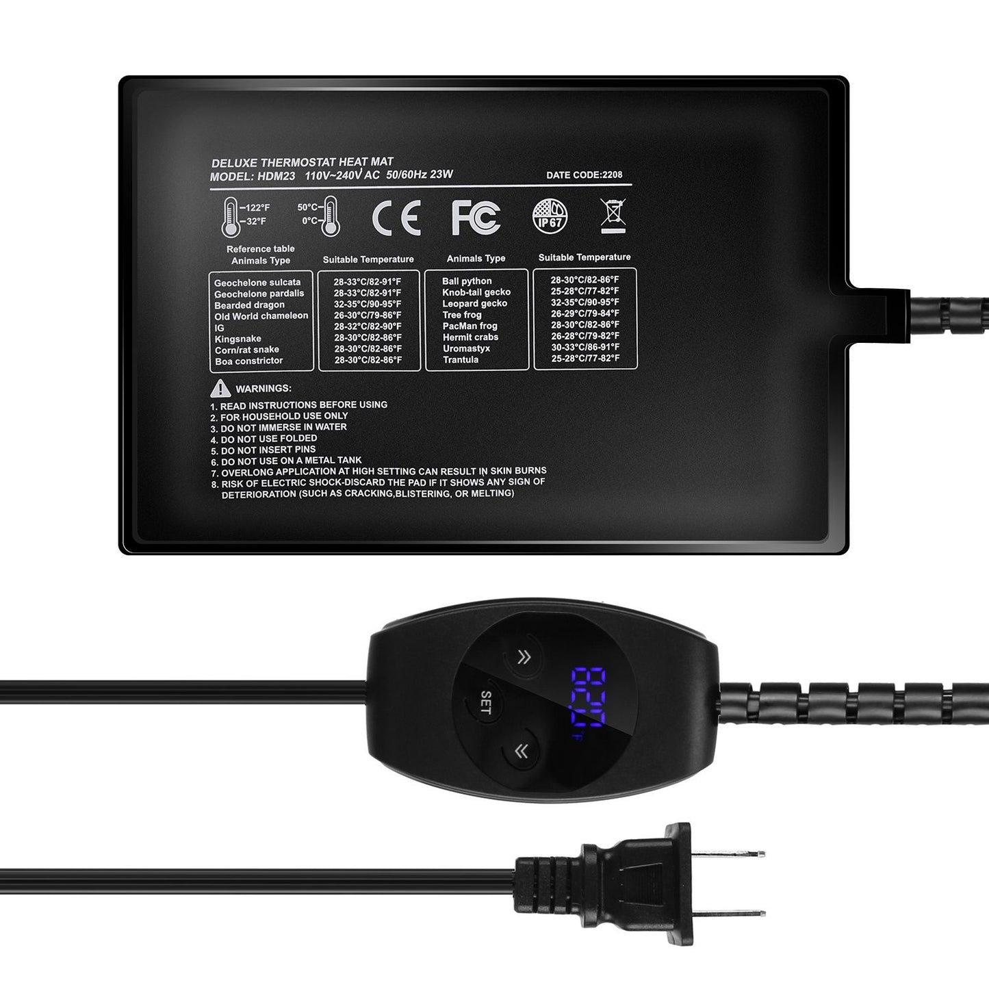 Flat-lay of rectangular heating pad with notched connector, controller with lit display, and long cord