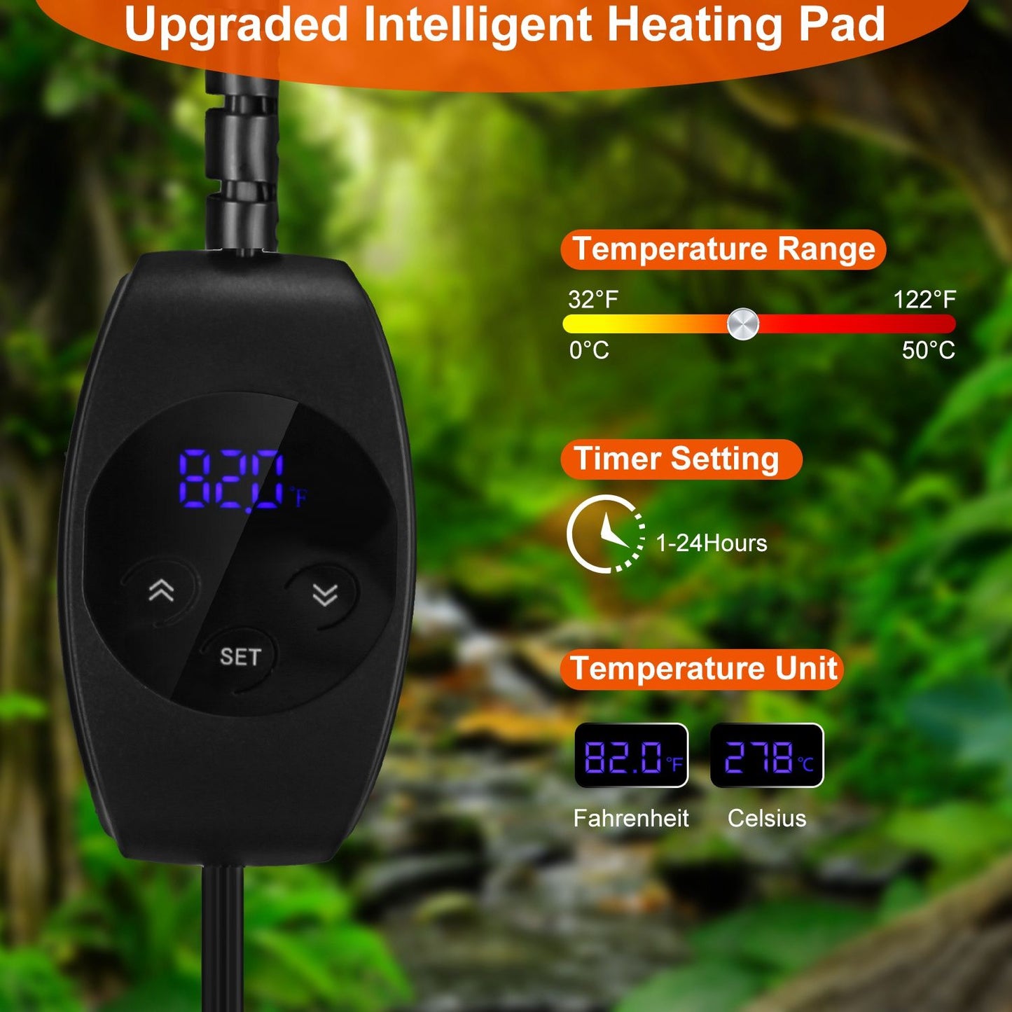 Oval digital thermostat controller with blue LED display and buttons showing temperature and timer features