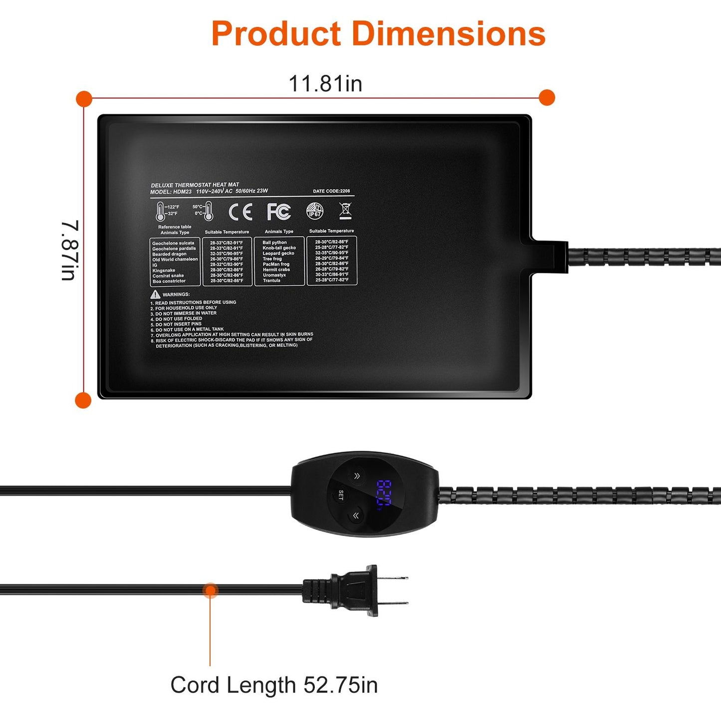 Top-down heating pad with dimensions labeled 11.81 x 7.87 inches and 52.75 inch cord length