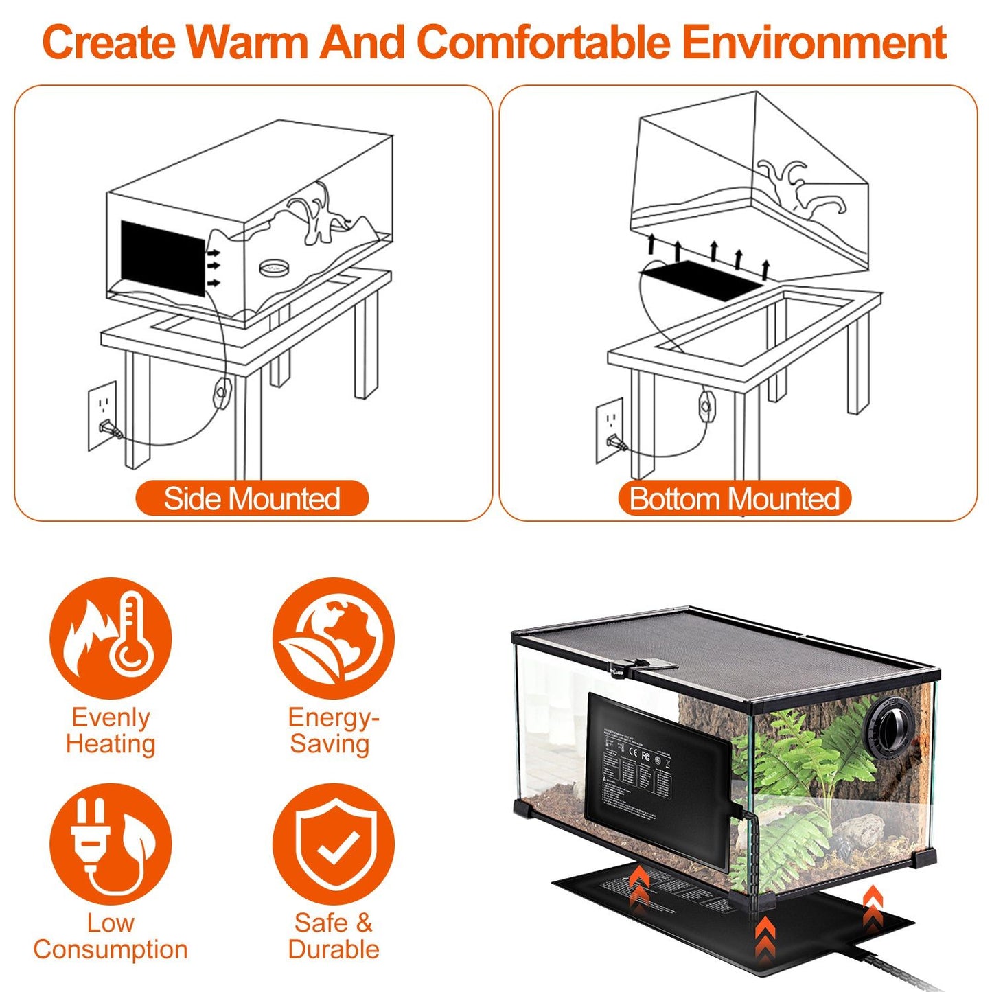 Line drawings of side-mounted and bottom-mounted installation options for under-tank heating pad
