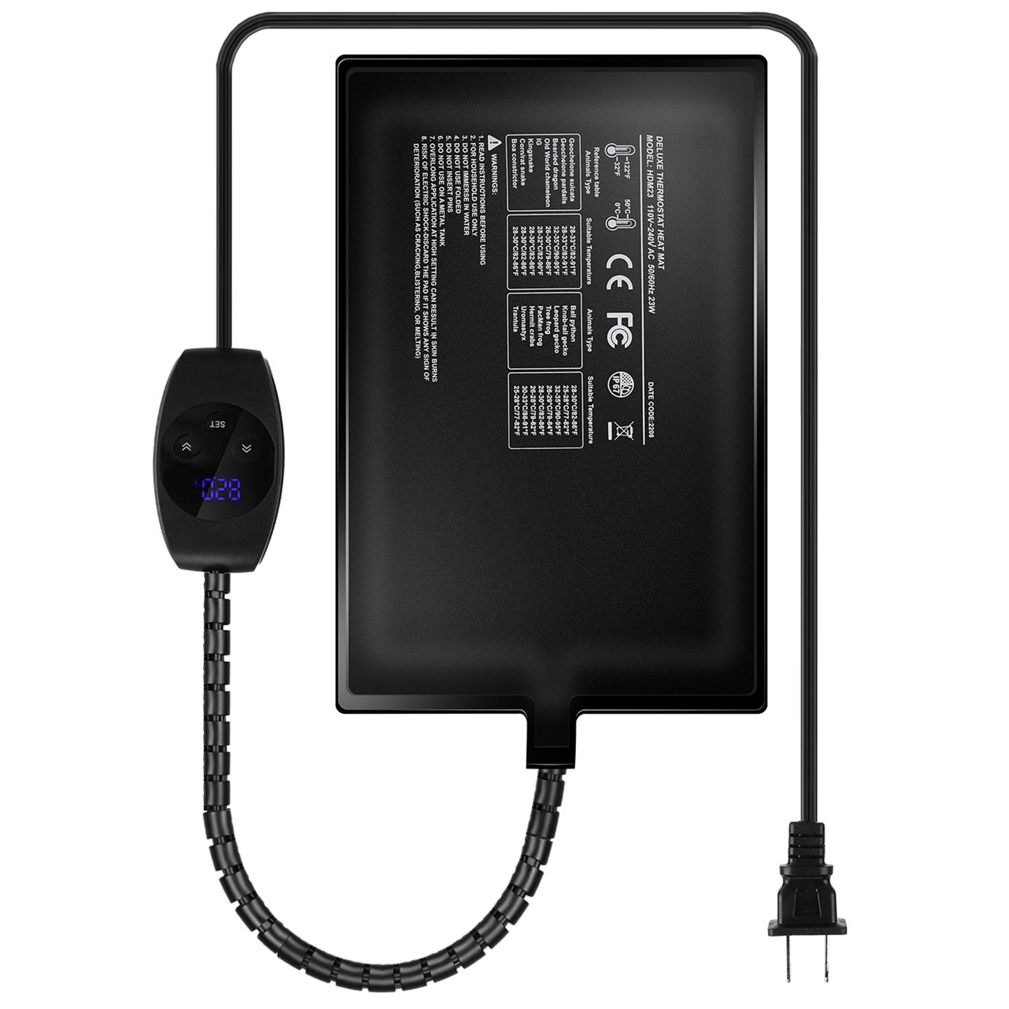 Studio view of black heating pad with controller and plug, highlighting slim profile and cord