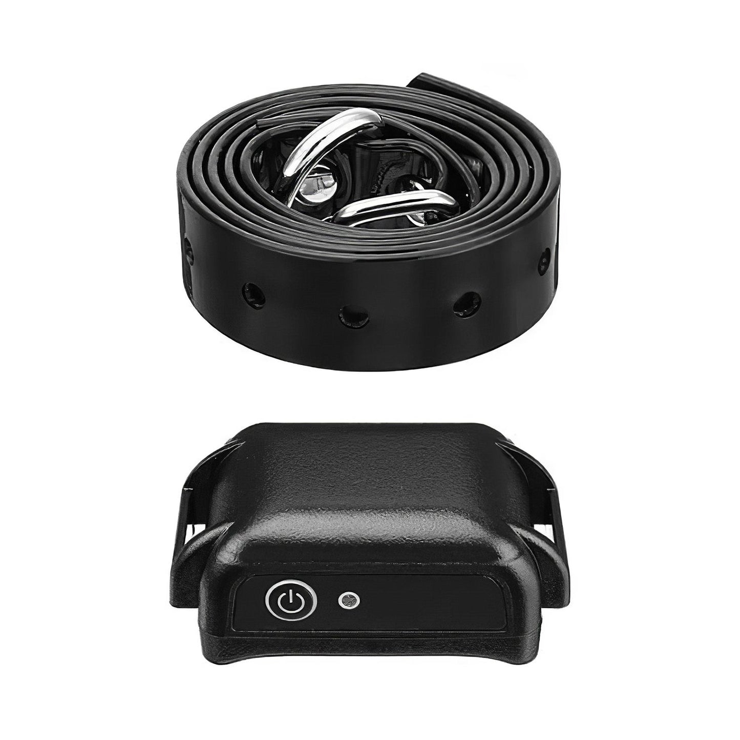 Rolled black adjustable collar displayed above the detached receiver showing power button and LED