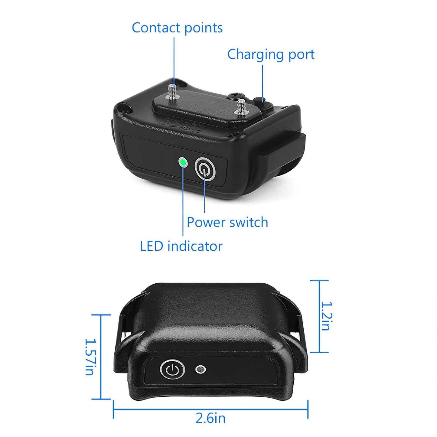 Labeled diagram of receiver showing contact probes charging port power switch LED and dimensions