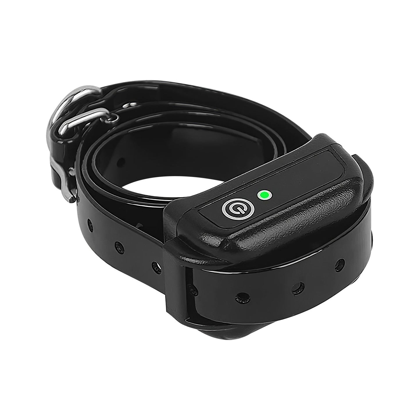 Coiled black training collar with compact receiver and green power indicator lit
