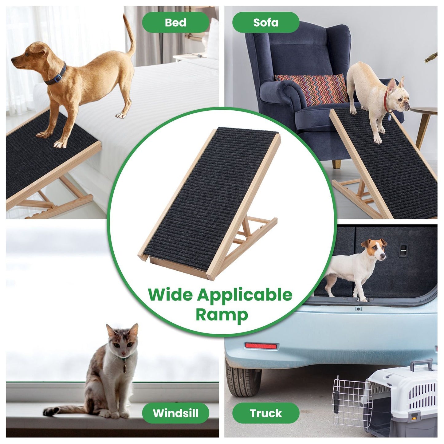 collage showing ramp used with bed sofa windowsill and truck for wide applicability