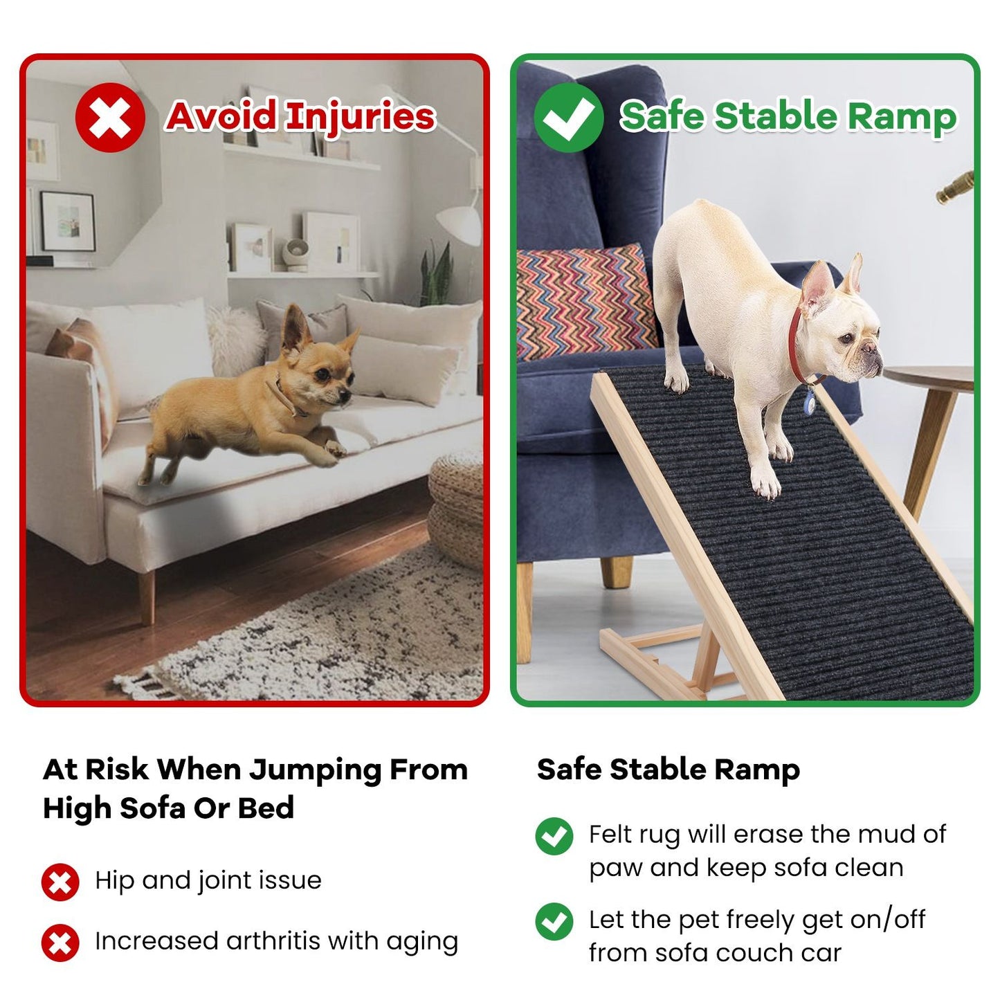 comparison graphic showing risks of jumping versus safe use of a pet ramp