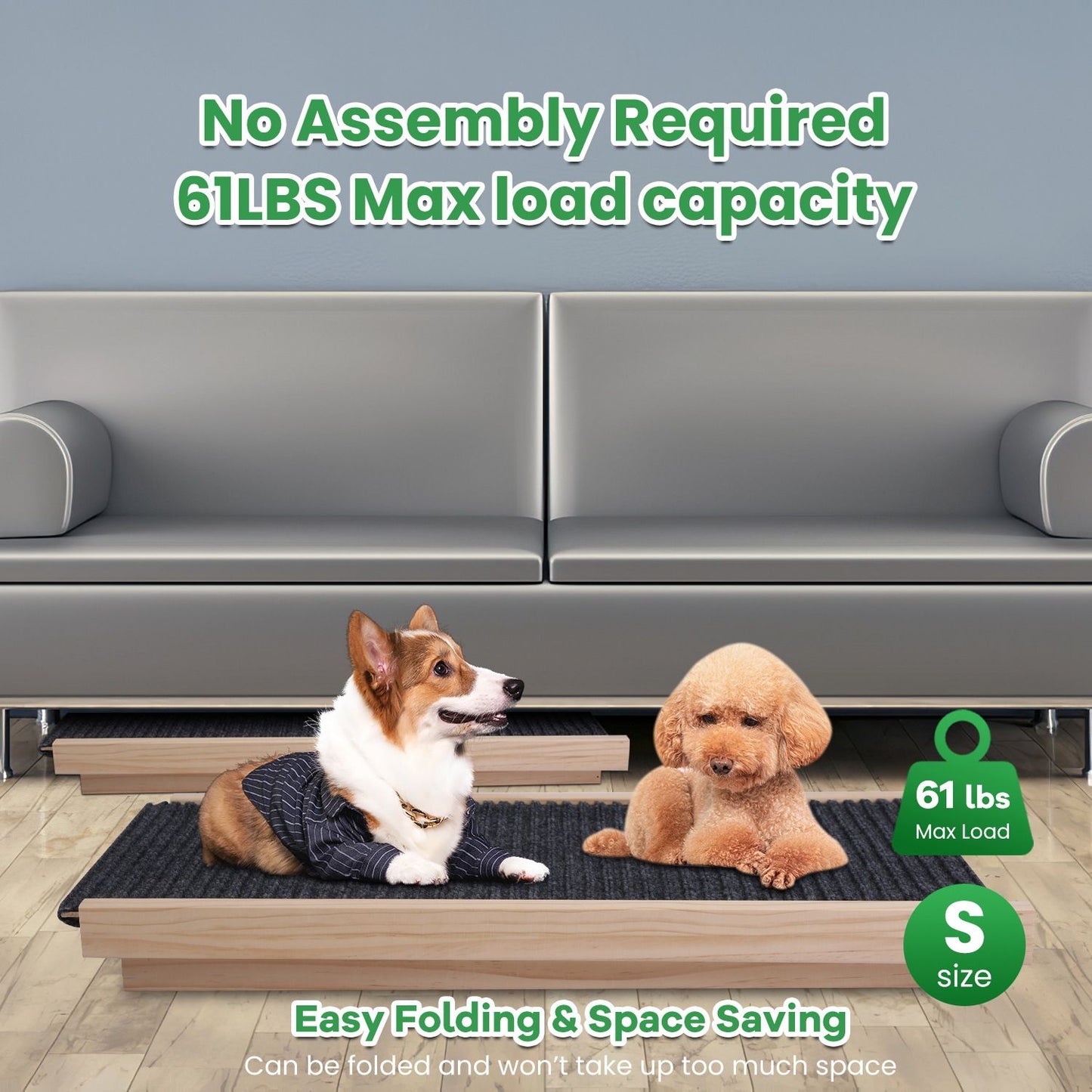 no assembly required graphic showing small model 61 lbs max load with dogs