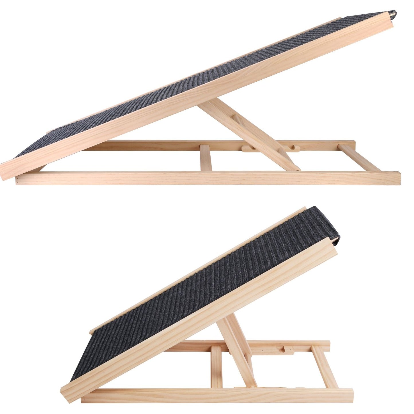 two side views of ramp demonstrating dual-height adjustment and support arm