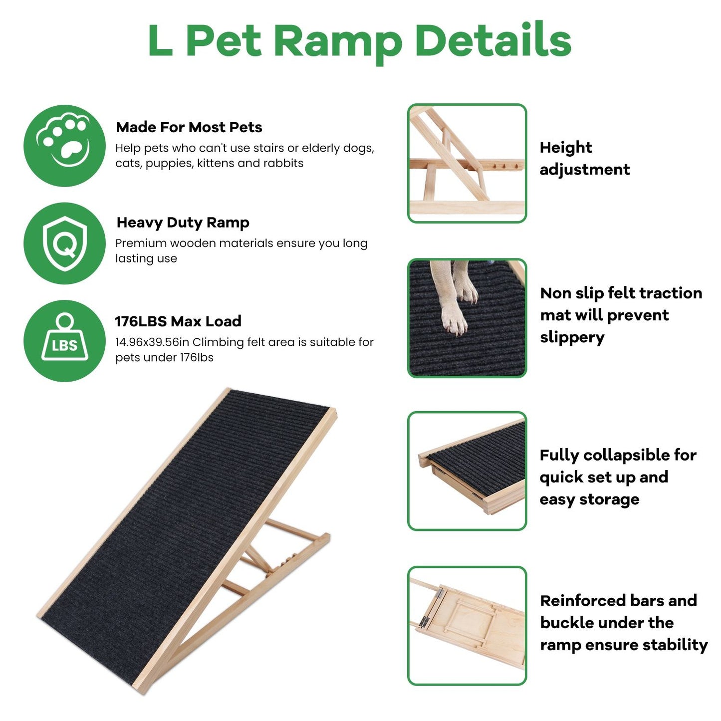 large ramp details infographic showing 176 lbs capacity and reinforced construction