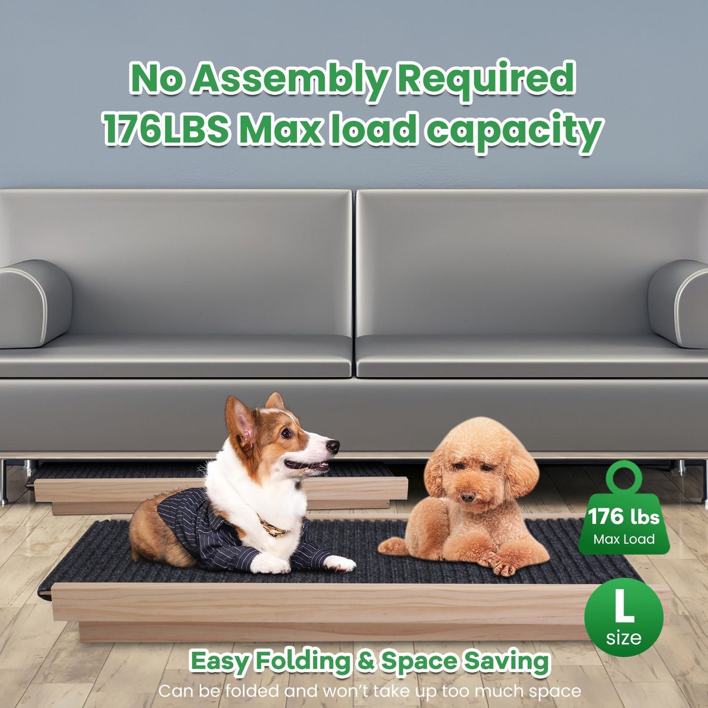 marketing graphic for large ramp model showing 176 lbs max load and foldable design