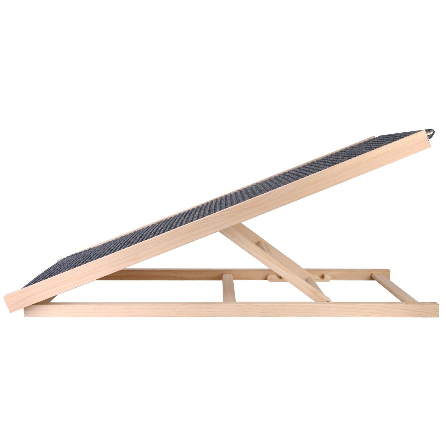 side profile of wooden adjustable pet ramp showing support arm and felt surface