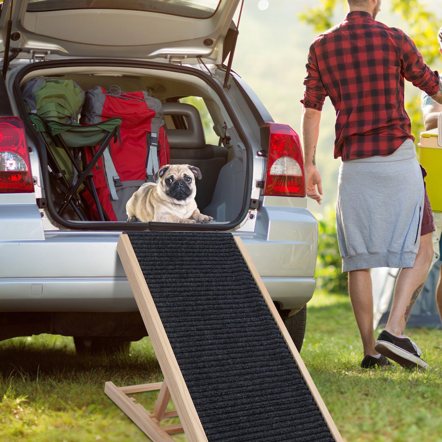 wooden pet ramp extended from car trunk to ground with pug inside trunk