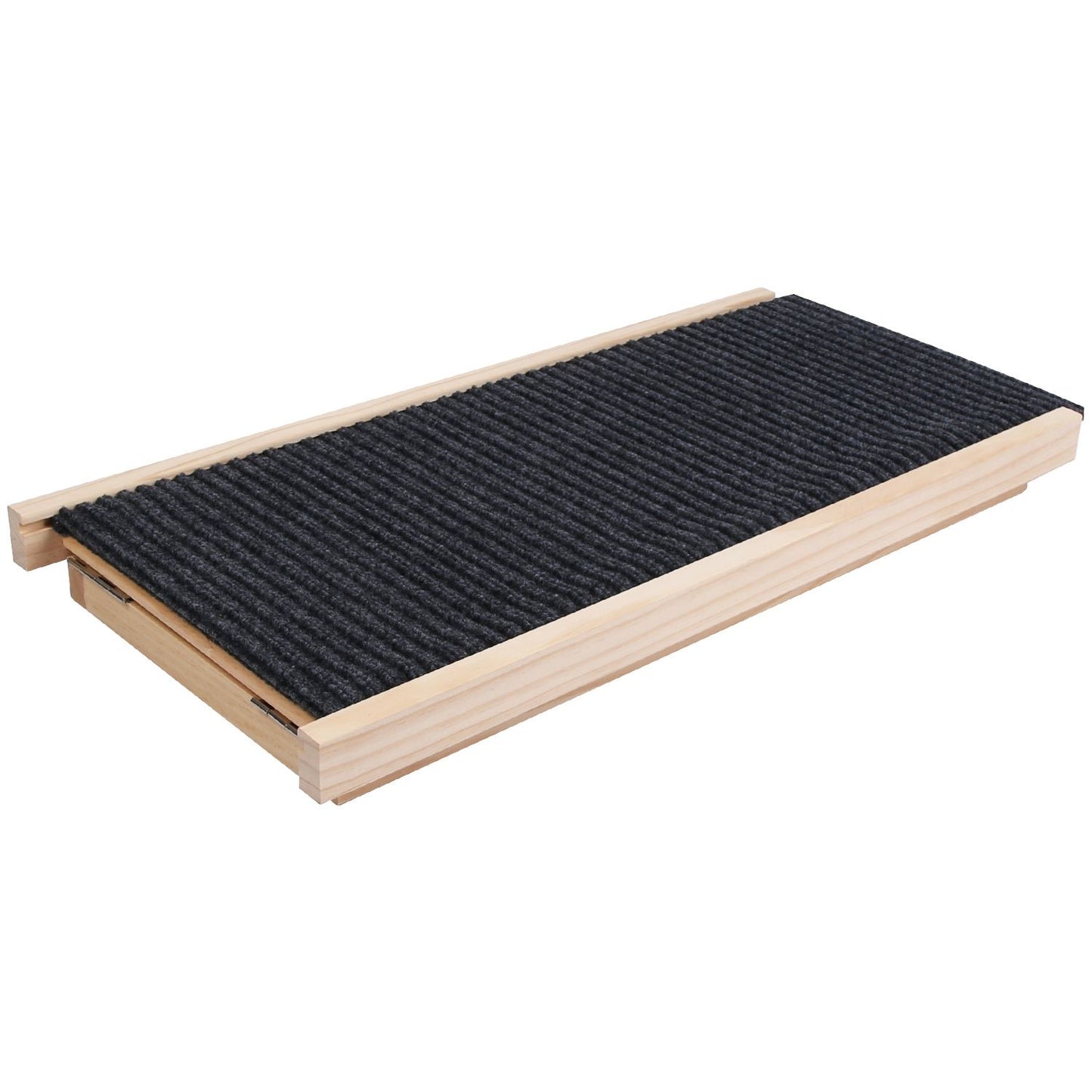 folded wooden pet ramp showing compact flat profile and dark felt top