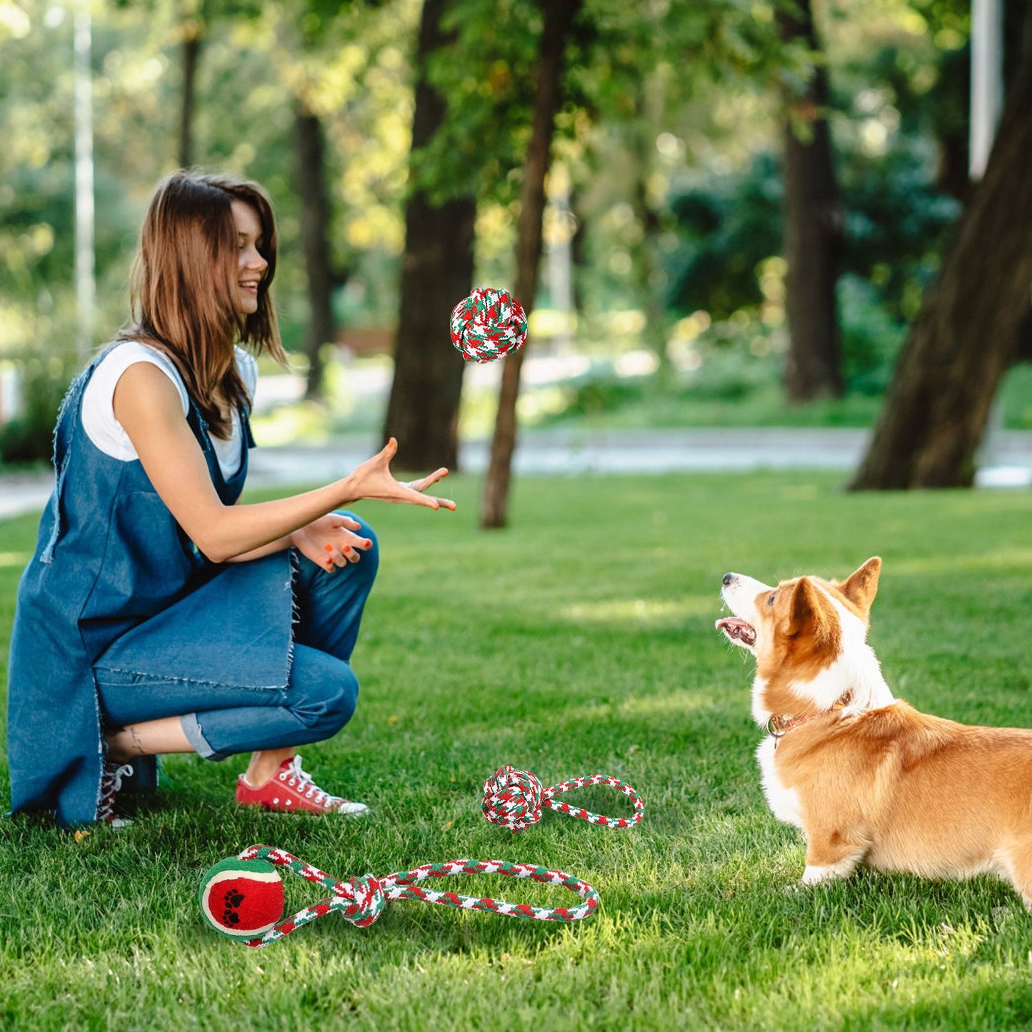 Knotted rope ball midair while a person plays fetch with a dog on a green lawn with toys nearby