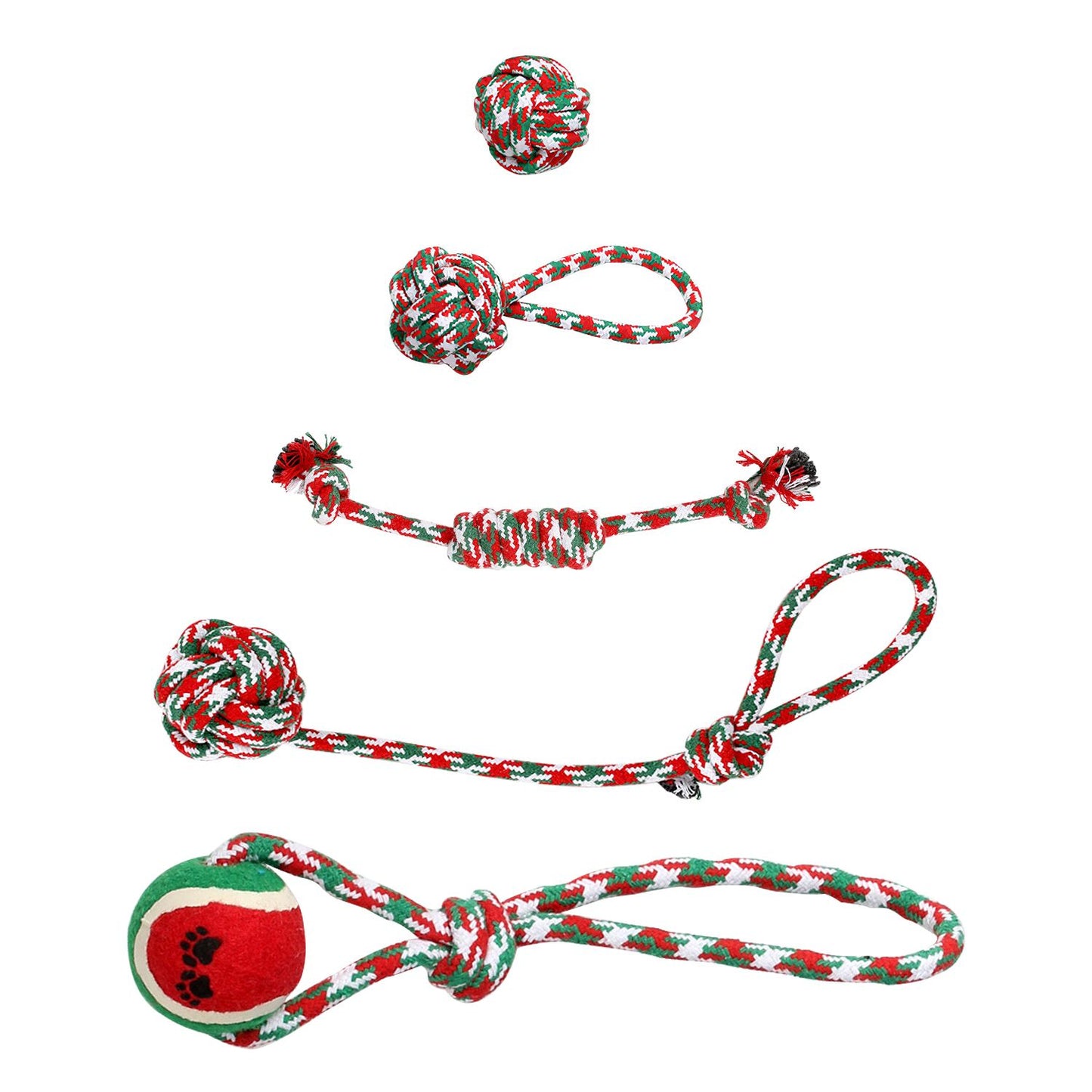 Flat layout of five rope toys showing loop handles, knots and a tennis ball with paw print