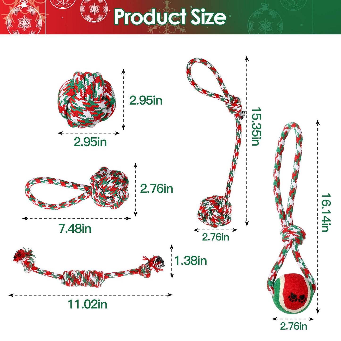 Size diagram showing measurements for each of the five red, green and white rope toys