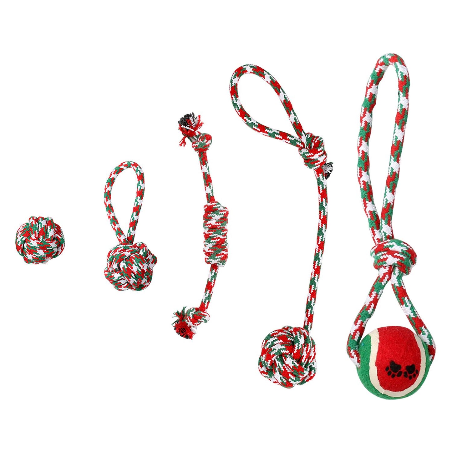 Five-piece Christmas rope chew toy set displayed on white background in red green and white