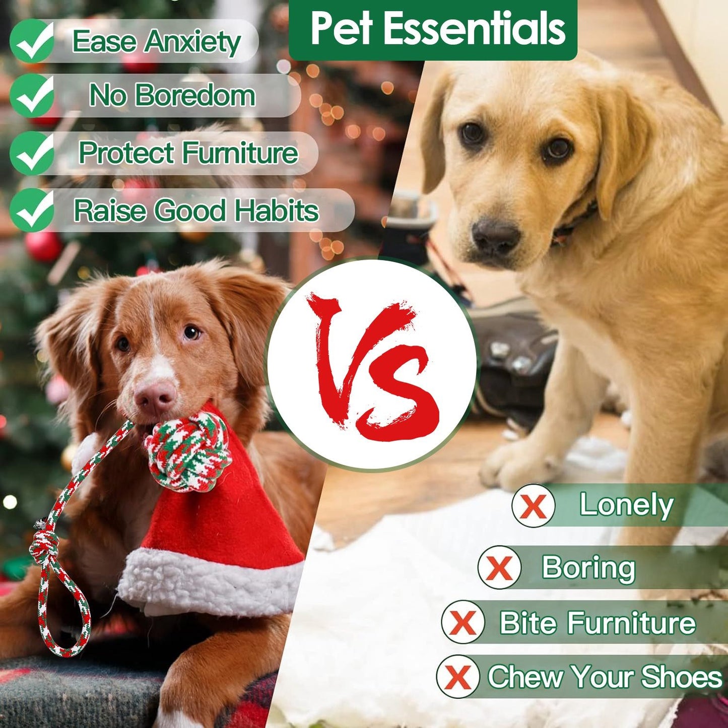 Split graphic listing benefits of rope toys versus problems like chewing furniture and boredom