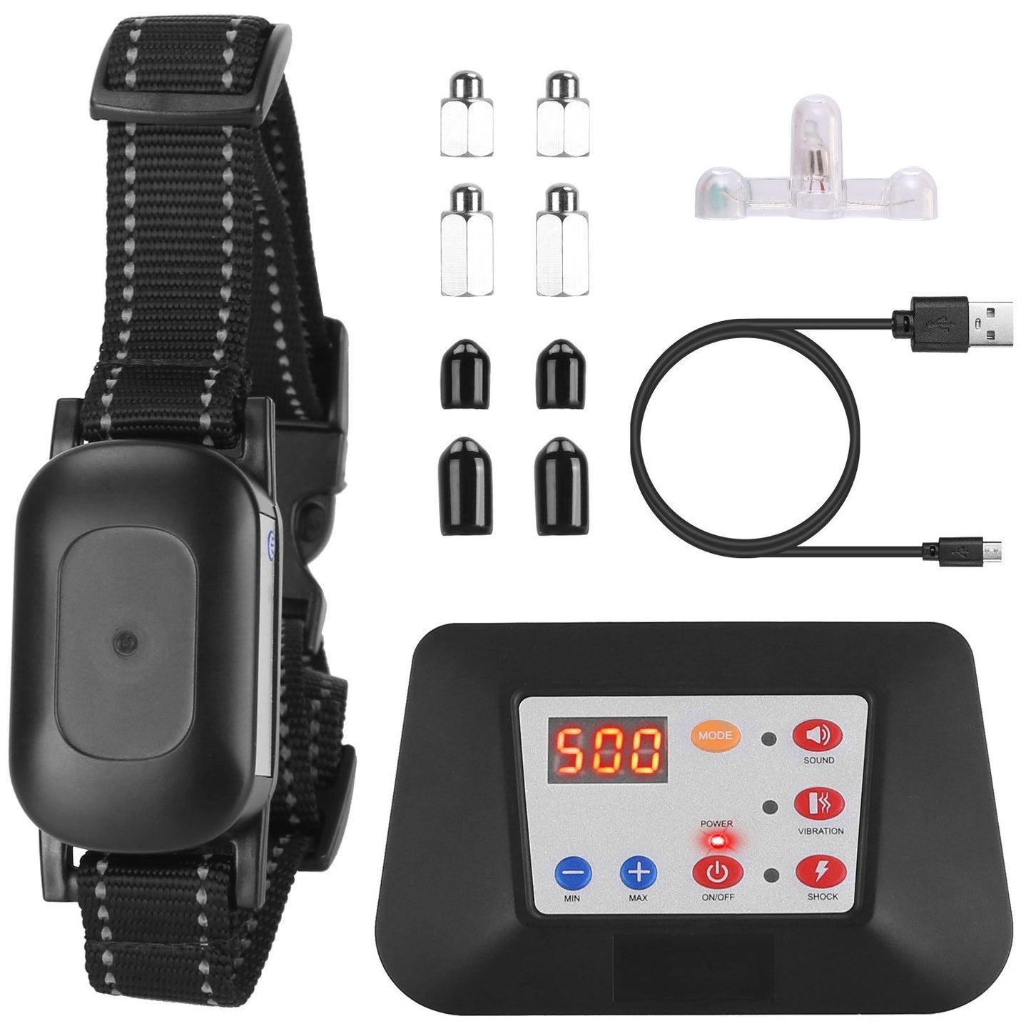 Flat lay of training collar kit with receiver, spare caps, long and short contacts, micro USB cable, test bulb and remote