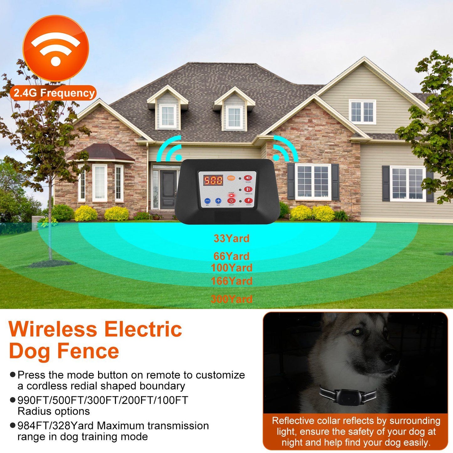 Transmitter on lawn illustrating wireless fence radius up to 990ft with 2.4G signal