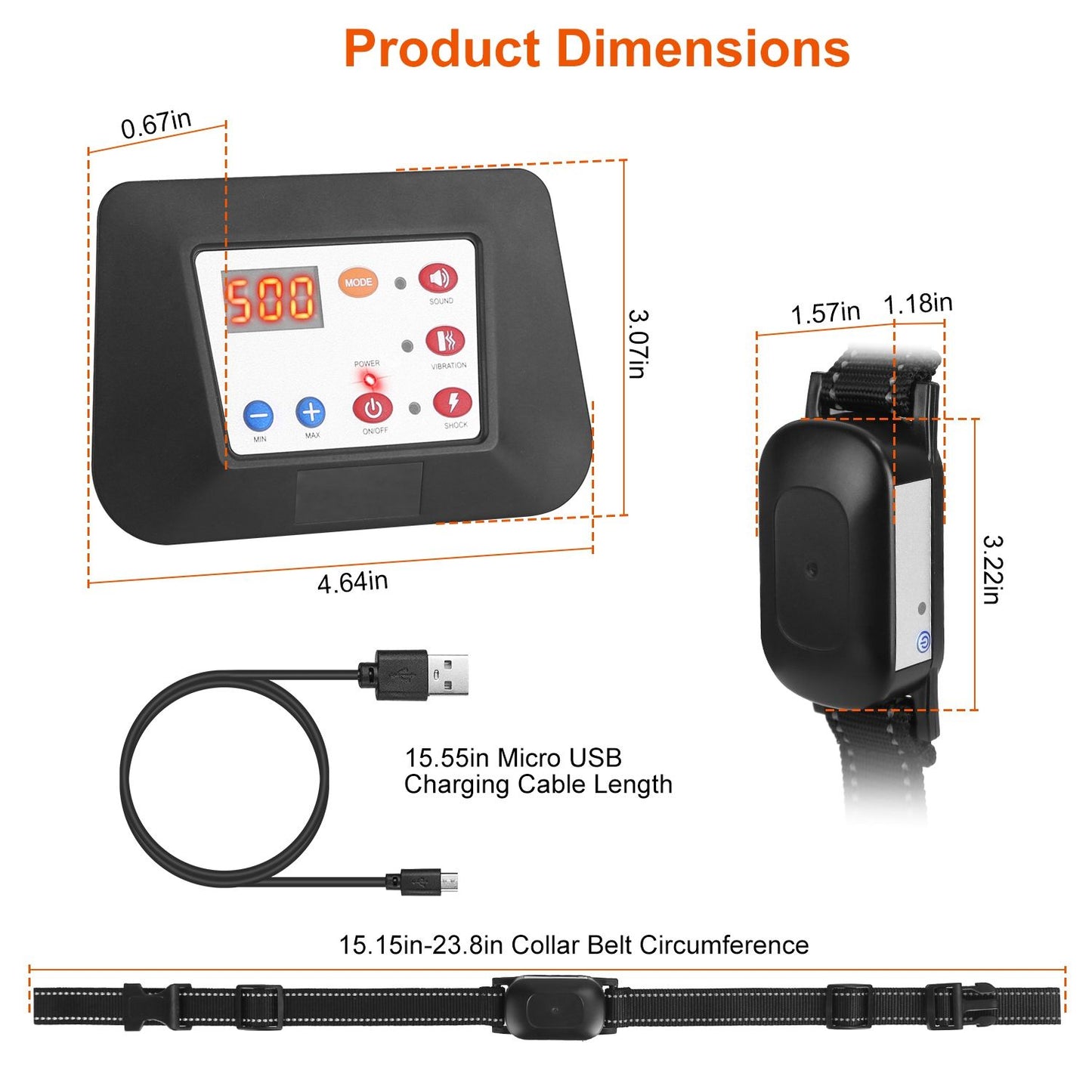 Product dimensions diagram with transmitter and receiver sizes and collar circumference range 15.15–23.8in