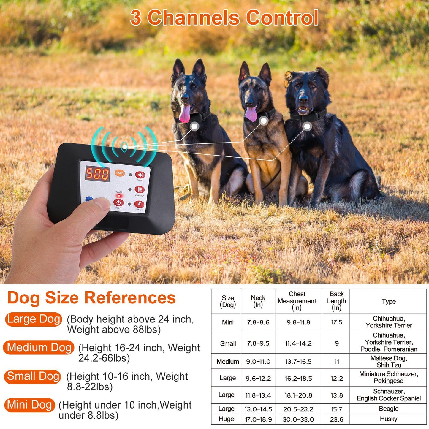 Handheld transmitter using three-channel control to operate three dogs wearing receivers