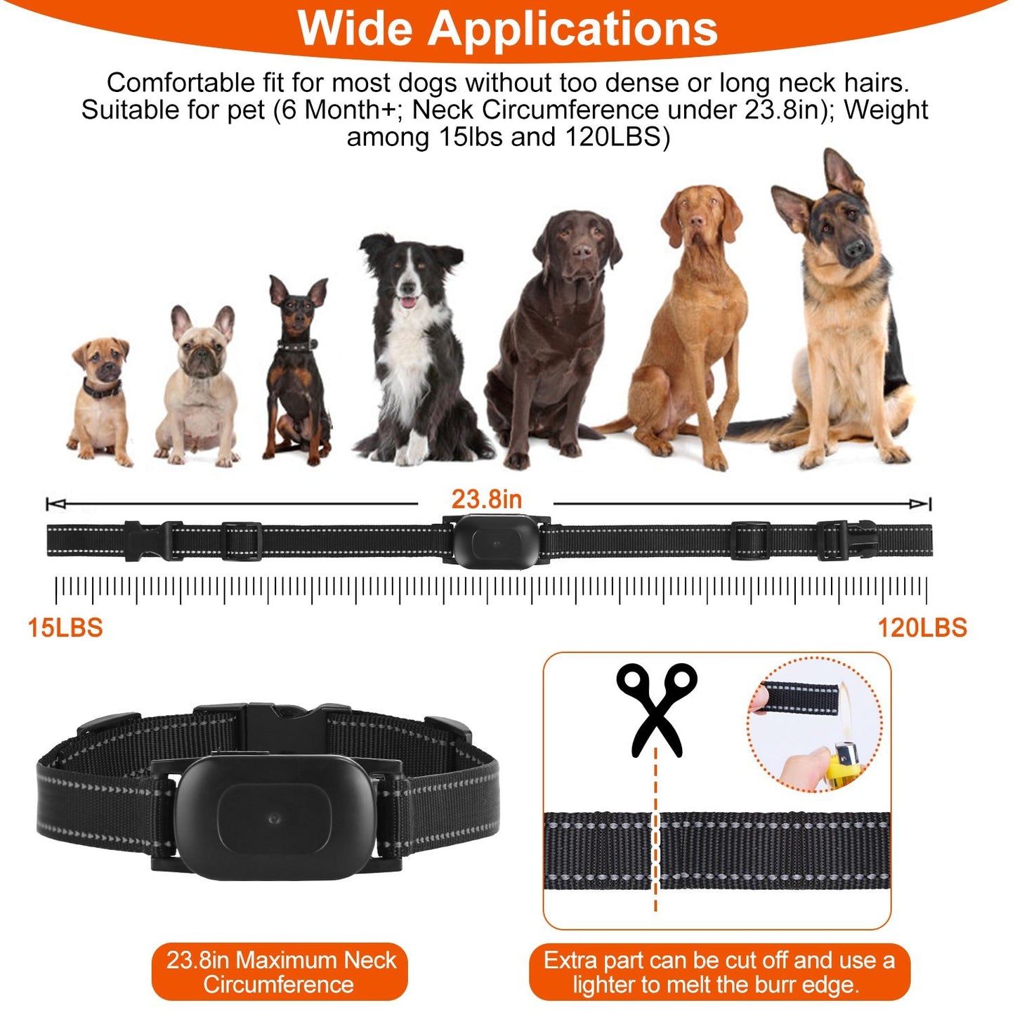 Wide applications graphic showing many dog sizes and adjustable collar belt up to 23.8in