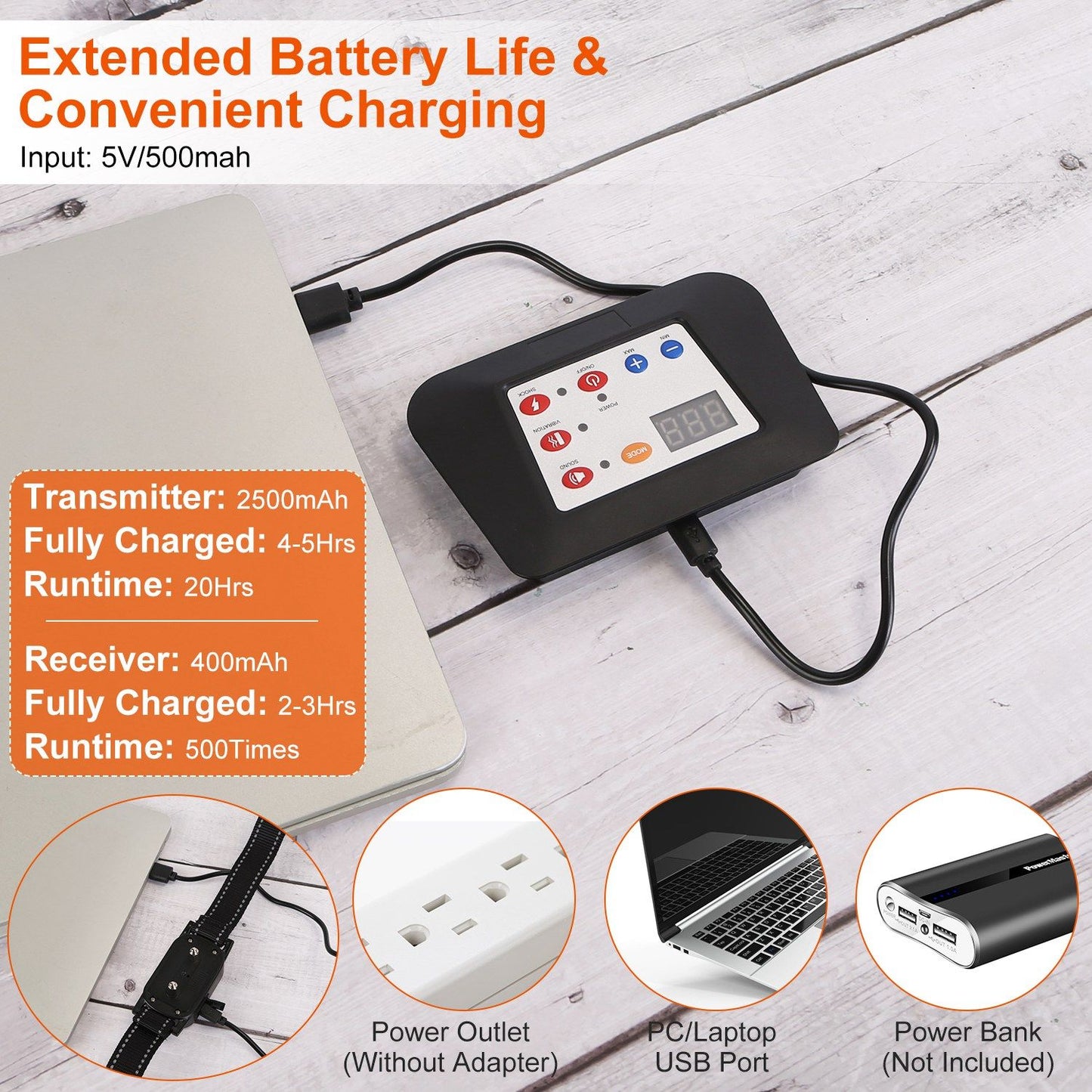 Transmitter charging via micro USB with battery and runtime details and charging options shown