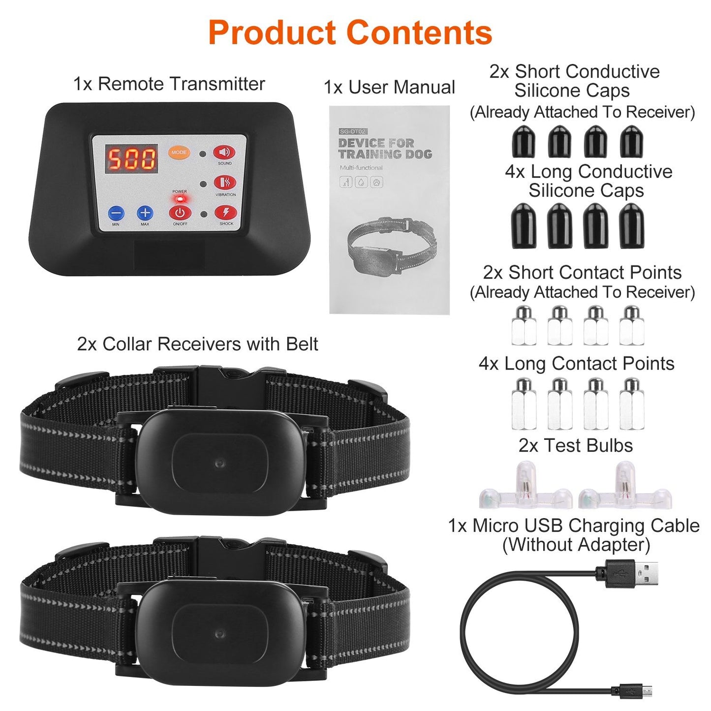Flat lay of package contents: transmitter, two collar receivers, USB cable, test bulbs, caps and manual
