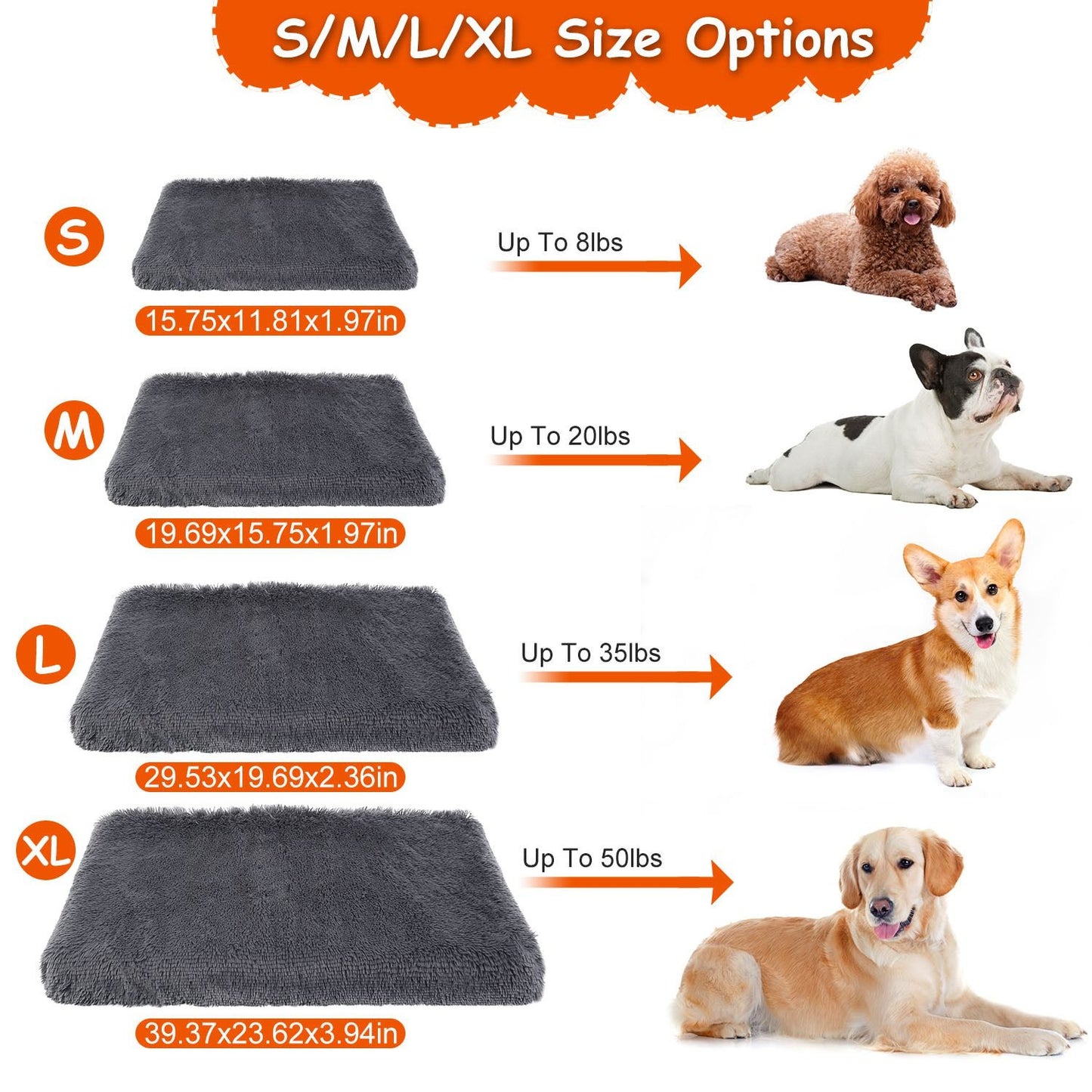 Size options infographic for dark grey dog mat showing S/M/L/XL dimensions and weight limits