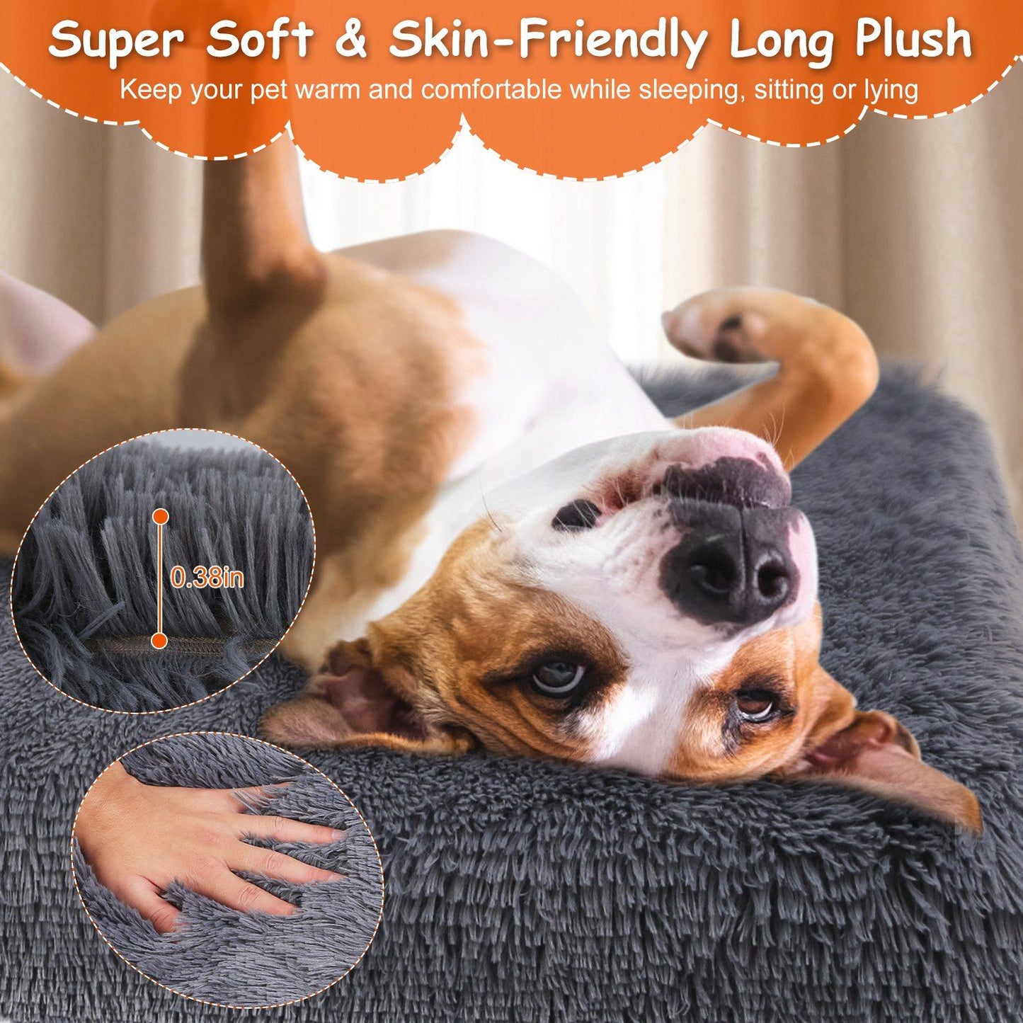Close-up of dark grey long-plush surface with 0.38in pile and hand pressing to show softness