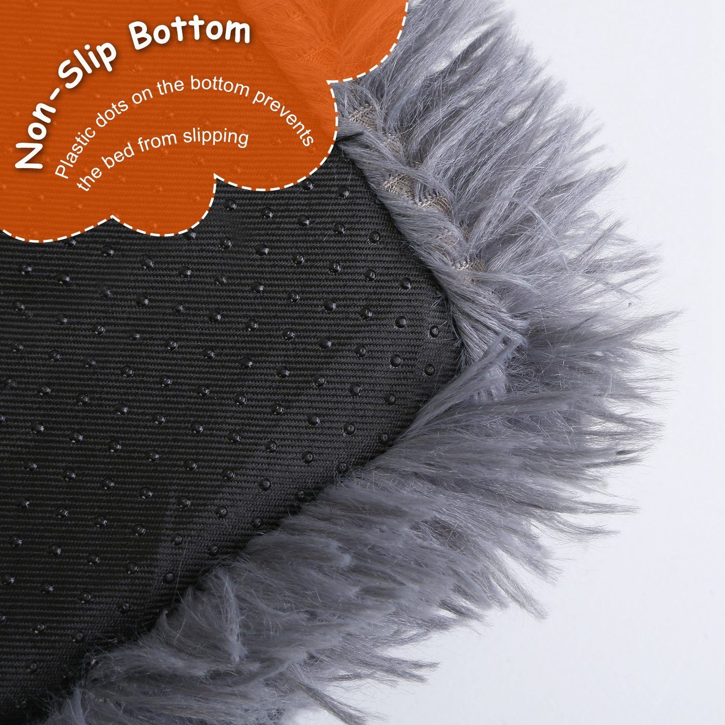 Close-up of anti-slip oxford bottom with plastic dots and grey plush edge of pet mat
